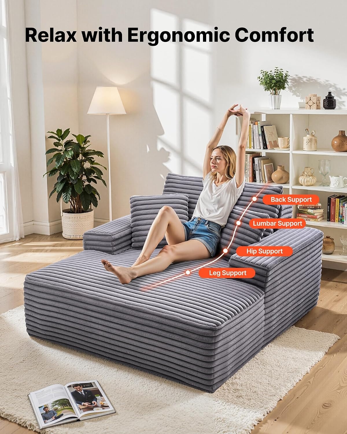 image:imageVEVOR Oversized Chaise Lounge Chair 54 Boneless Chaise Lounge Indoor Modern Upholstered Reading Chair with Throw Pillows amp Armrests Sofa Couch Deep Seat Sleeper for Living Room Bedroom BeigeRegular 48