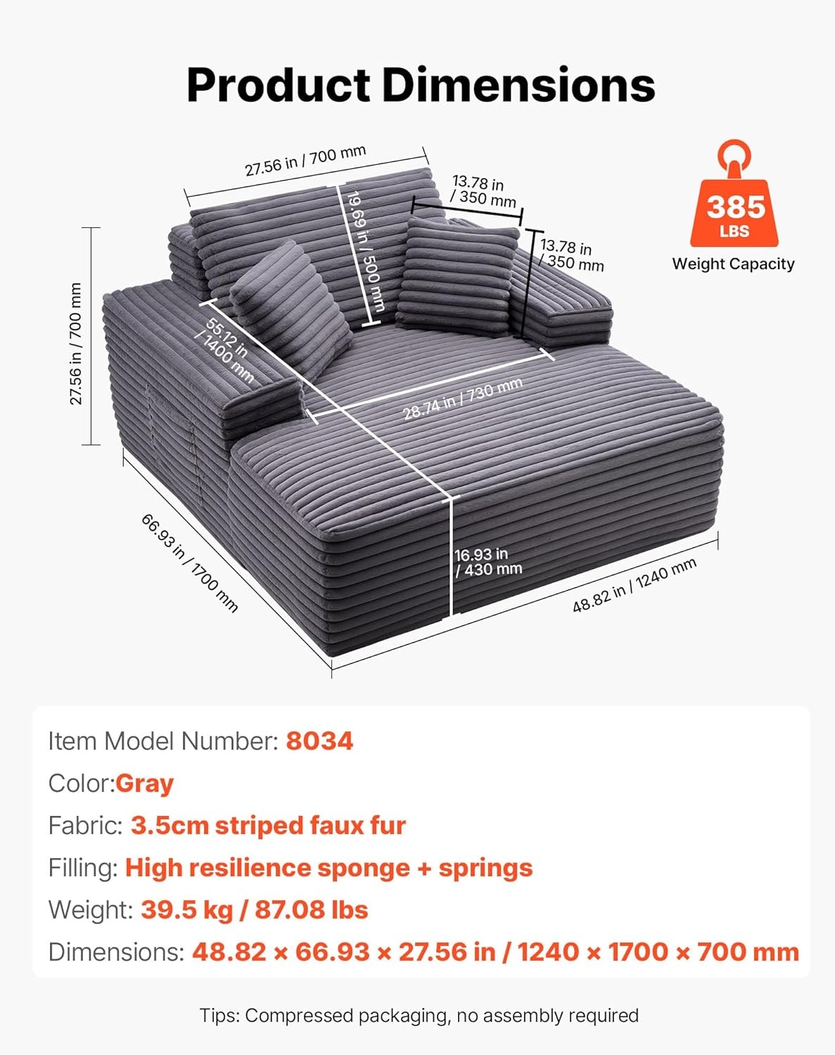 image:imageVEVOR Oversized Chaise Lounge Chair 54 Boneless Chaise Lounge Indoor Modern Upholstered Reading Chair with Throw Pillows amp Armrests Sofa Couch Deep Seat Sleeper for Living Room Bedroom BeigeRegular 48