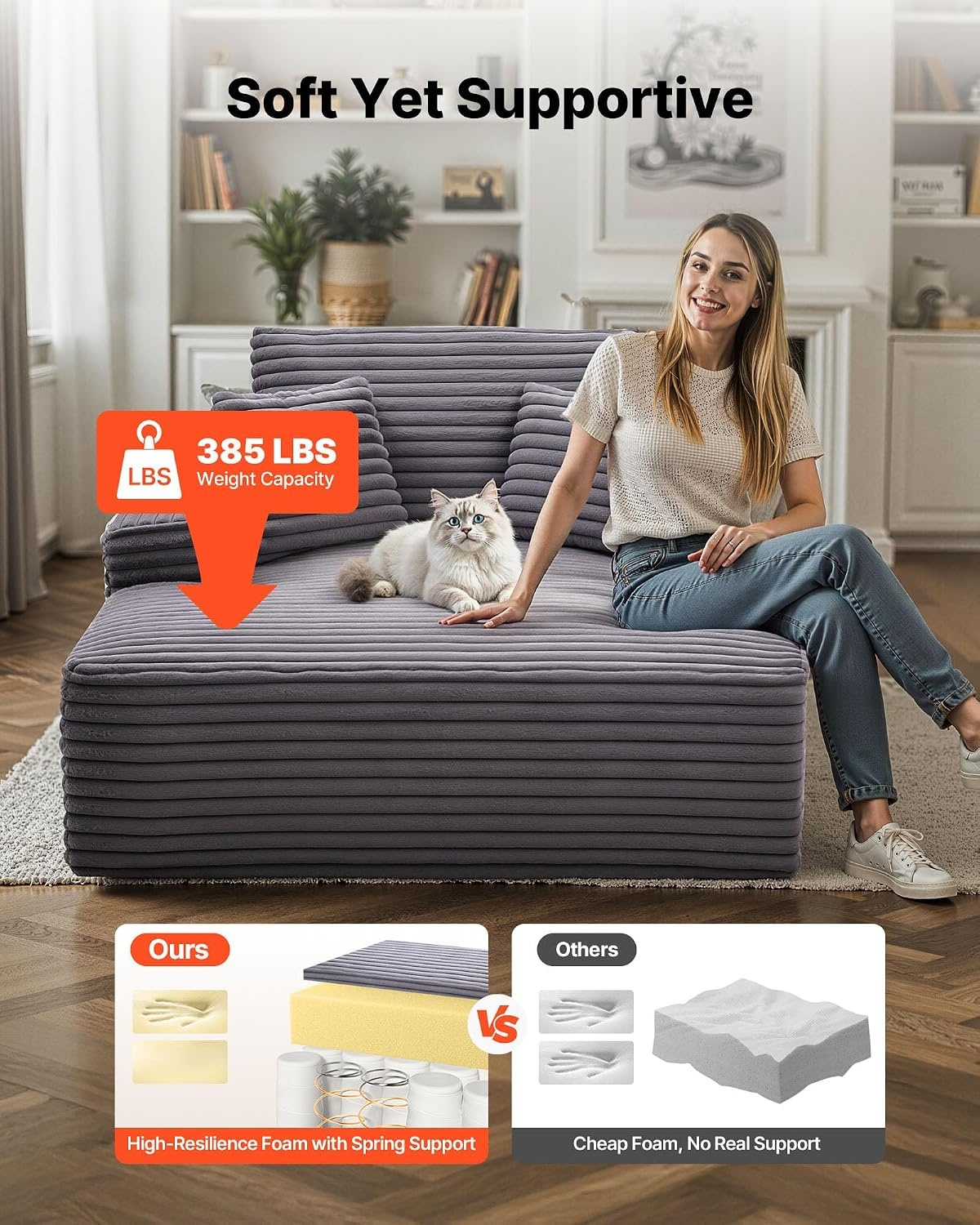 image:imageVEVOR Oversized Chaise Lounge Chair 54 Boneless Chaise Lounge Indoor Modern Upholstered Reading Chair with Throw Pillows amp Armrests Sofa Couch Deep Seat Sleeper for Living Room Bedroom BeigeRegular 48