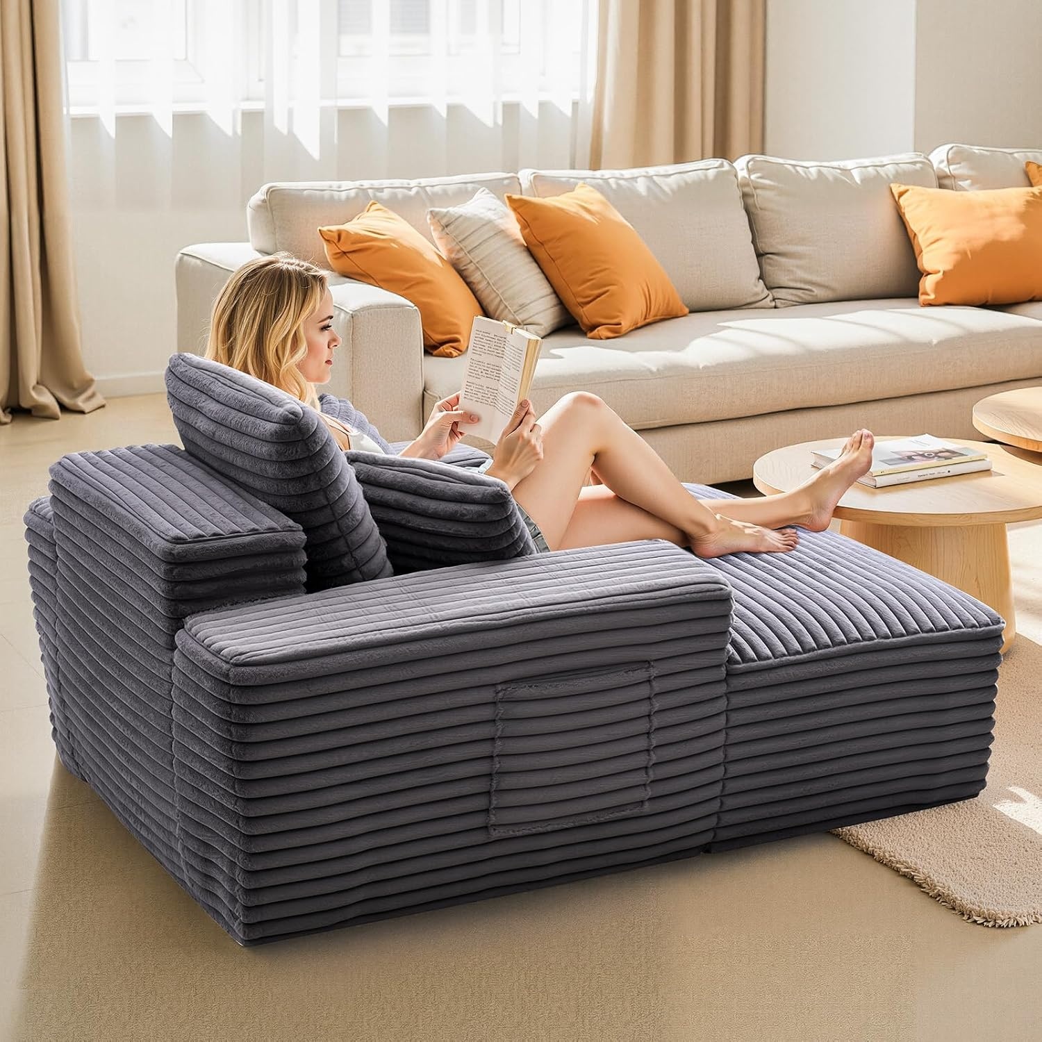 image:imageVEVOR Oversized Chaise Lounge Chair 54 Boneless Chaise Lounge Indoor Modern Upholstered Reading Chair with Throw Pillows amp Armrests Sofa Couch Deep Seat Sleeper for Living Room Bedroom BeigeRegular 48