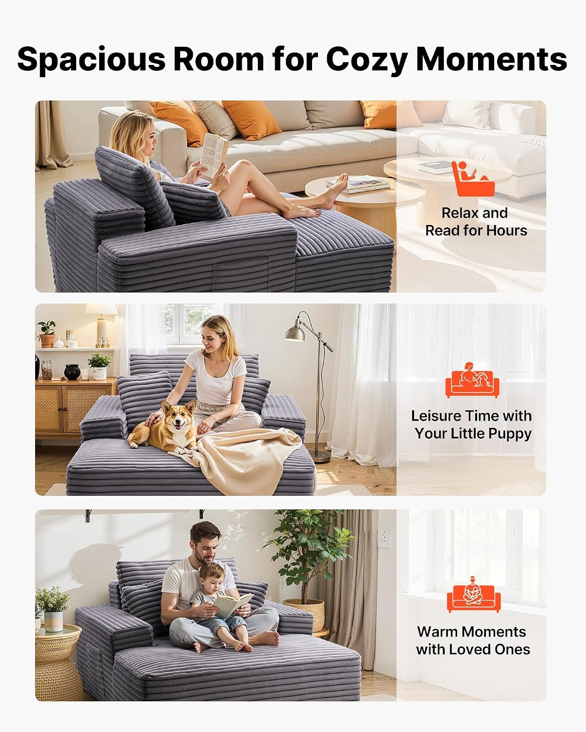 image:imageVEVOR Oversized Chaise Lounge Chair 54 Boneless Chaise Lounge Indoor Modern Upholstered Reading Chair with Throw Pillows amp Armrests Sofa Couch Deep Seat Sleeper for Living Room Bedroom BeigeRegular 48