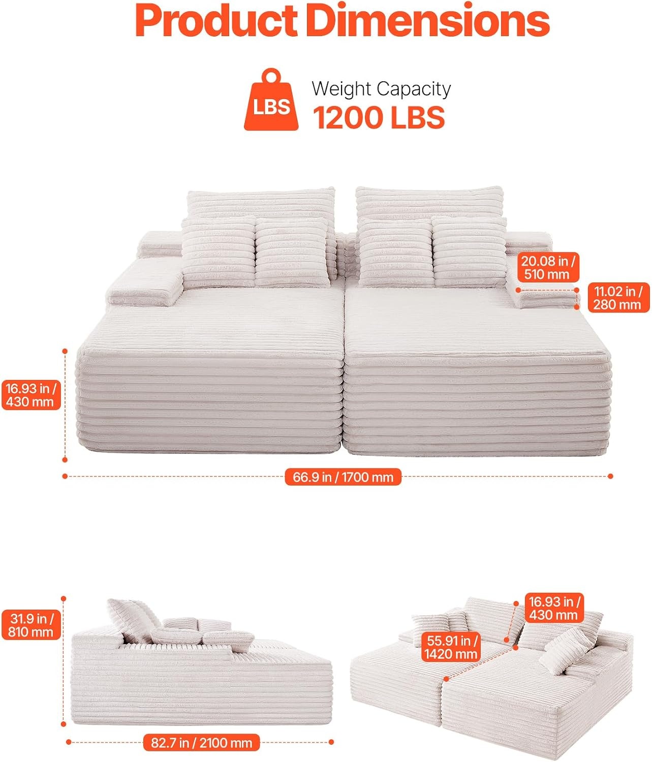 image:imageVEVOR Oversized Double Chaise Lounge 67 Boneless Cloud Sofa Soft Corduroy Floor Couch NoAssembly Lounge Chair for Living Room amp Bedroom Relaxing Beige