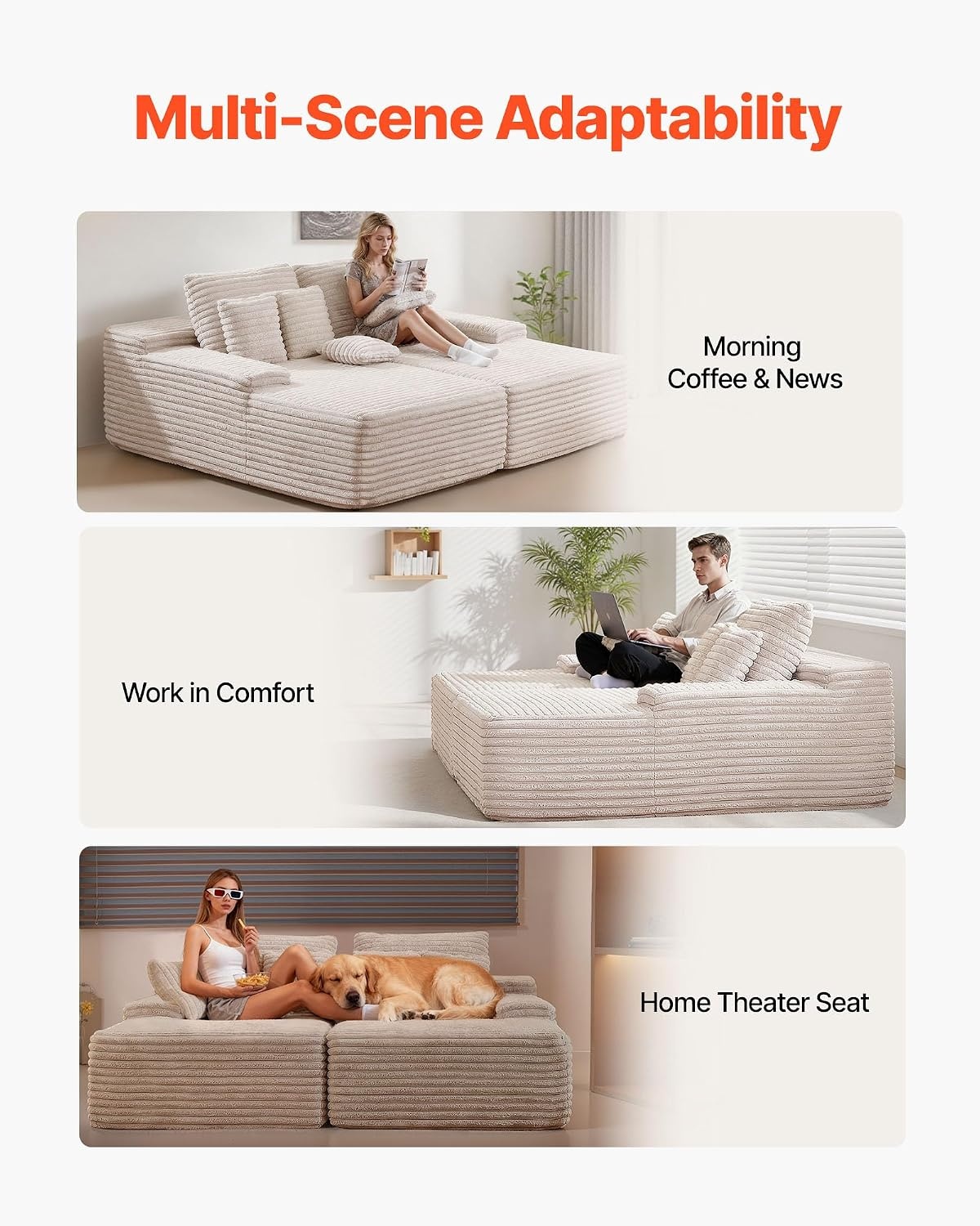 image:imageVEVOR Oversized Double Chaise Lounge 67 Boneless Cloud Sofa Soft Corduroy Floor Couch NoAssembly Lounge Chair for Living Room amp Bedroom Relaxing Beige