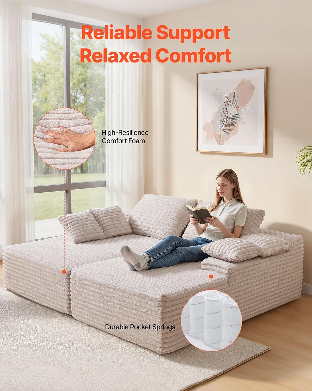 image:imageVEVOR Oversized Double Chaise Lounge 67 Boneless Cloud Sofa Soft Corduroy Floor Couch NoAssembly Lounge Chair for Living Room amp Bedroom Relaxing Beige