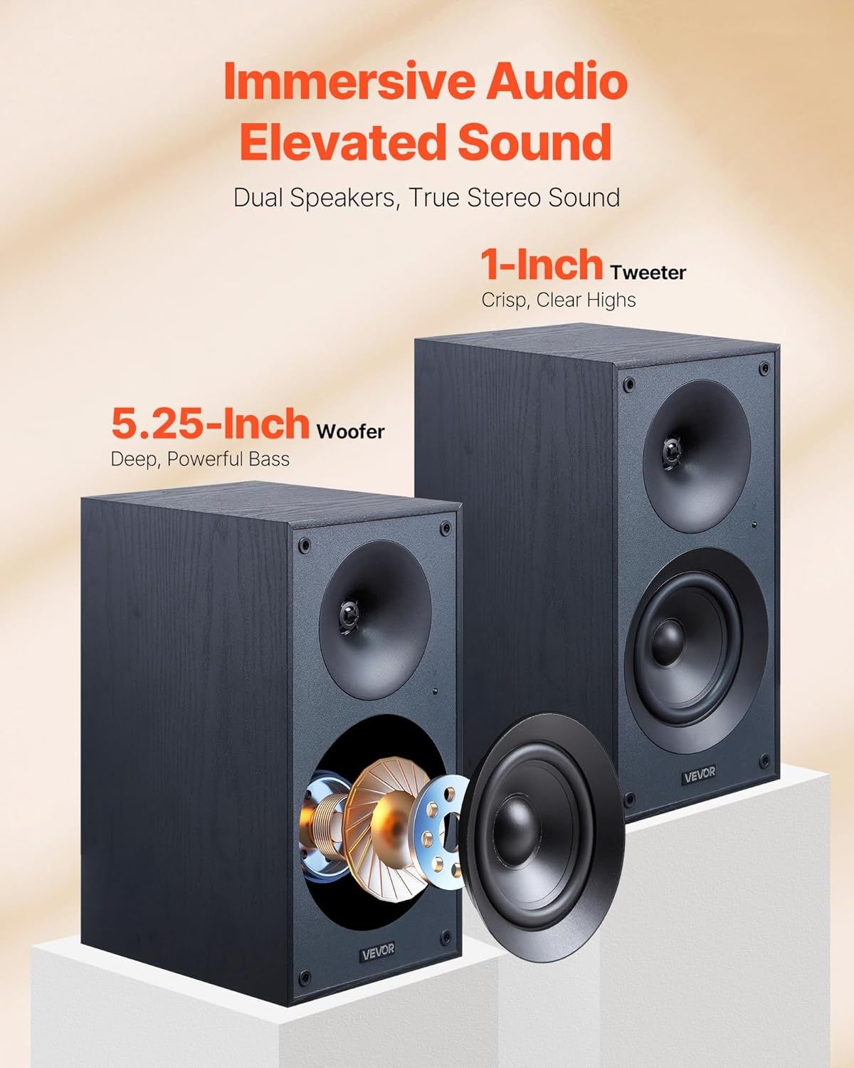 image:imageVEVOR Passive Bookshelf Speaker 300W Book Shelf Stereo Speakers with 525Inch Woofer and 1Inch Tweeter Detachable Grille 65Hz20KHz Frequency Response Wooden Enclosurefor Home Theater 1 Pair525 Inch