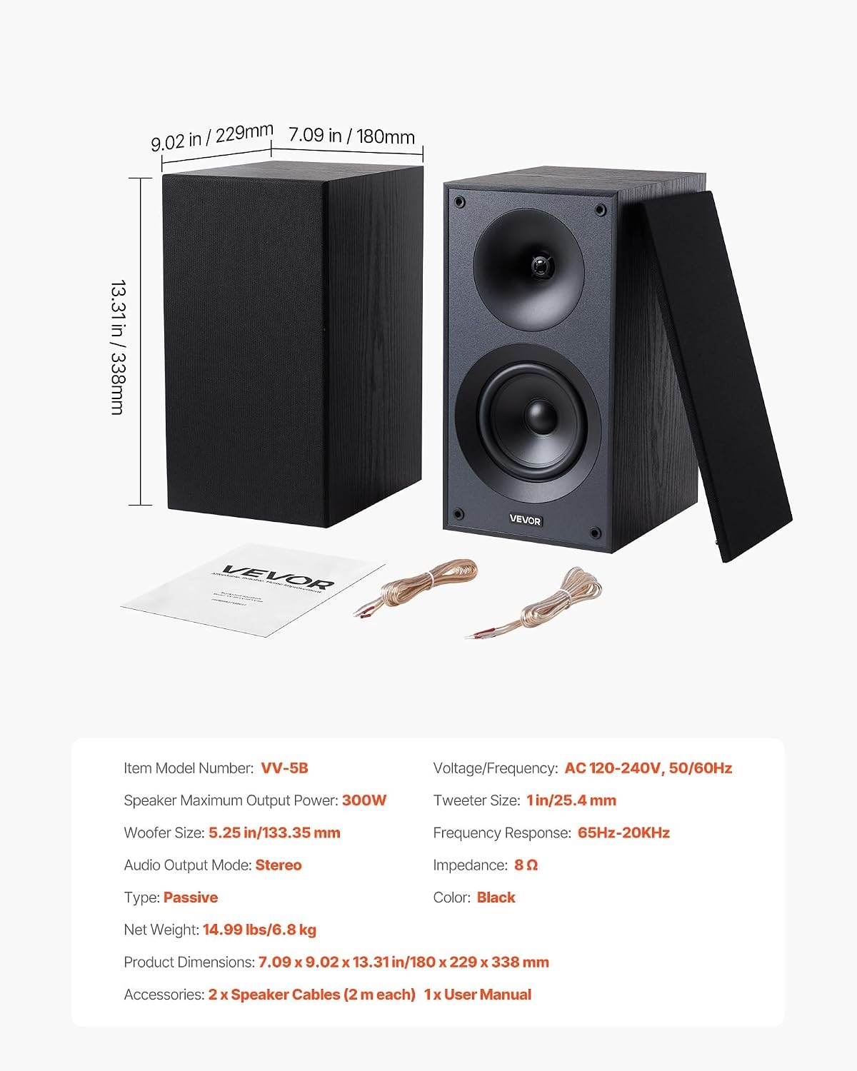 image:imageVEVOR Passive Bookshelf Speaker 300W Book Shelf Stereo Speakers with 525Inch Woofer and 1Inch Tweeter Detachable Grille 65Hz20KHz Frequency Response Wooden Enclosurefor Home Theater 1 Pair525 Inch