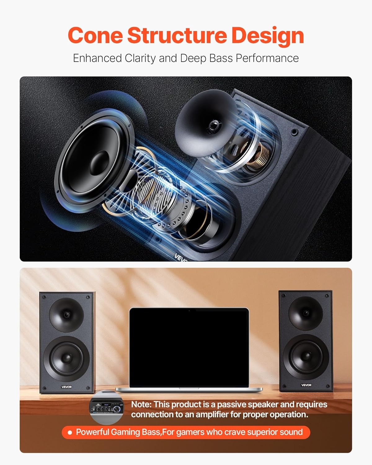 image:imageVEVOR Passive Bookshelf Speaker 300W Book Shelf Stereo Speakers with 525Inch Woofer and 1Inch Tweeter Detachable Grille 65Hz20KHz Frequency Response Wooden Enclosurefor Home Theater 1 Pair525 Inch