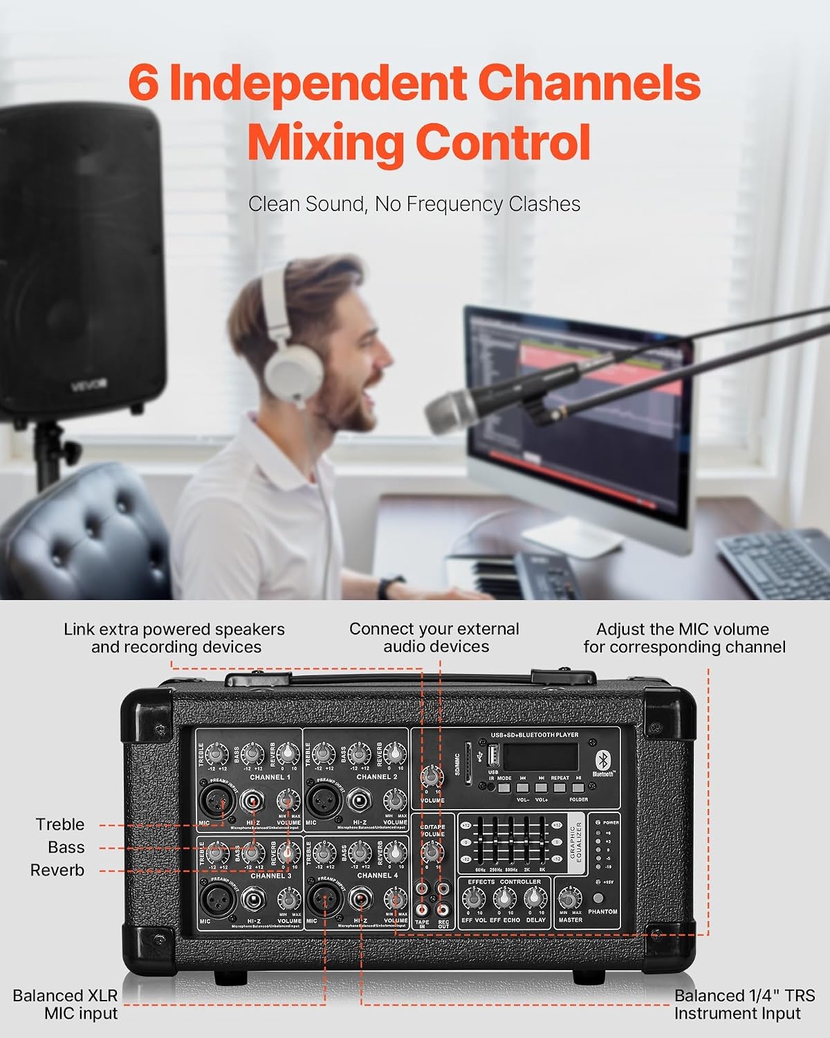image:imageVEVOR Portable PA System with Wireless Microphone amp Speakers 800W Bluetooth PA System 6Channel Mixer Dual 10 Speakers USBSDXLR Inputs Remote Stands for DJsEvents Fitness IndoorOutdoor800W