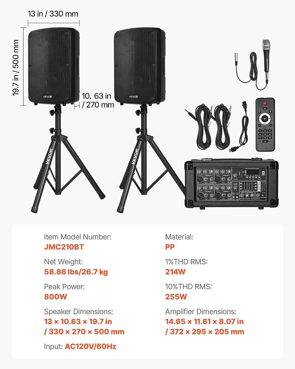 image:imageVEVOR Portable PA System with Wireless Microphone amp Speakers 800W Bluetooth PA System 6Channel Mixer Dual 10 Speakers USBSDXLR Inputs Remote Stands for DJsEvents Fitness IndoorOutdoor800W
