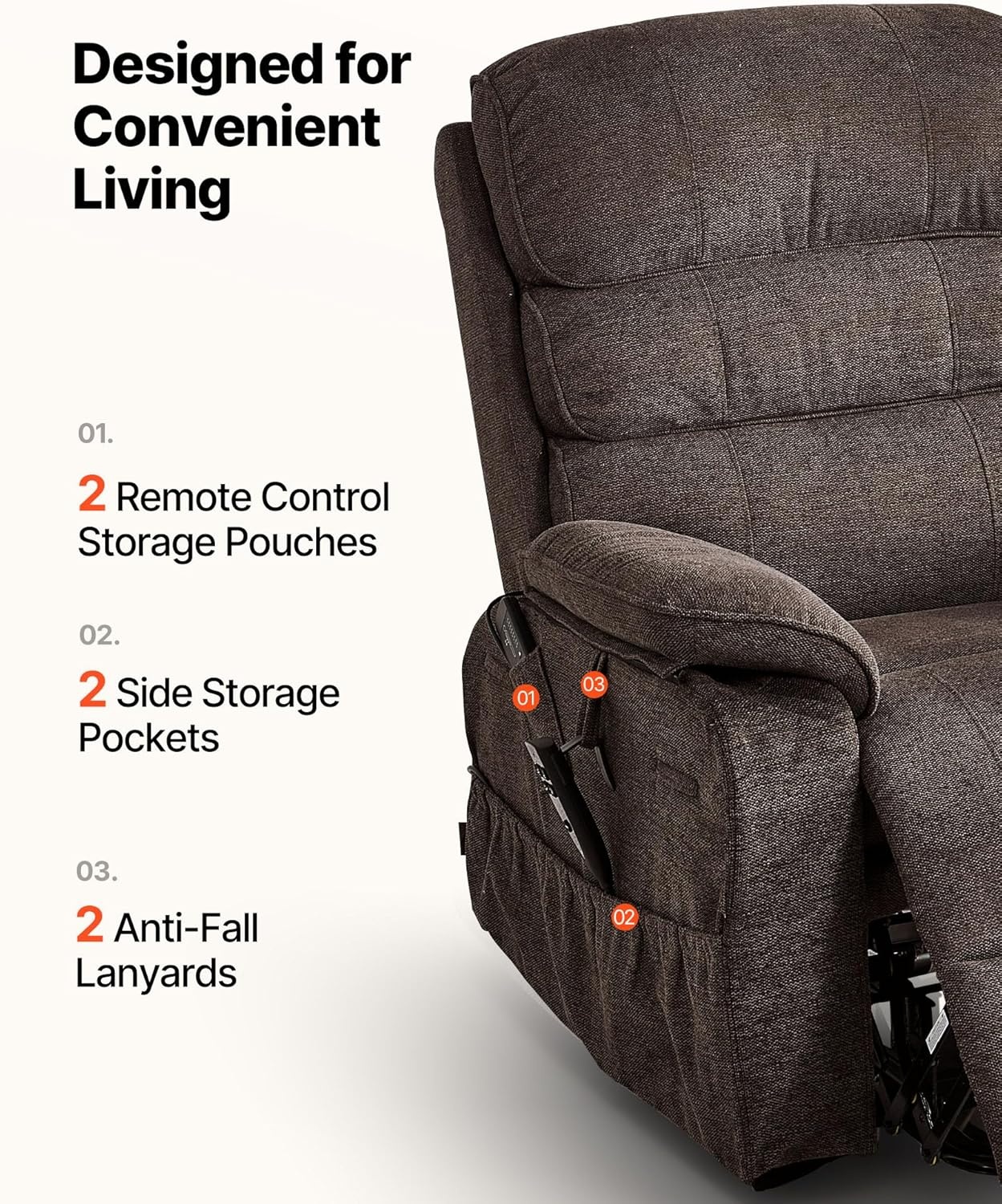 image:imageVEVOR Power Lift Recliner Chair Dual Motor Lift Chair with Heat and Massage for Elderly Position Adjustable Remote Control with Side Pockets Chenille Fabric BrownBrown