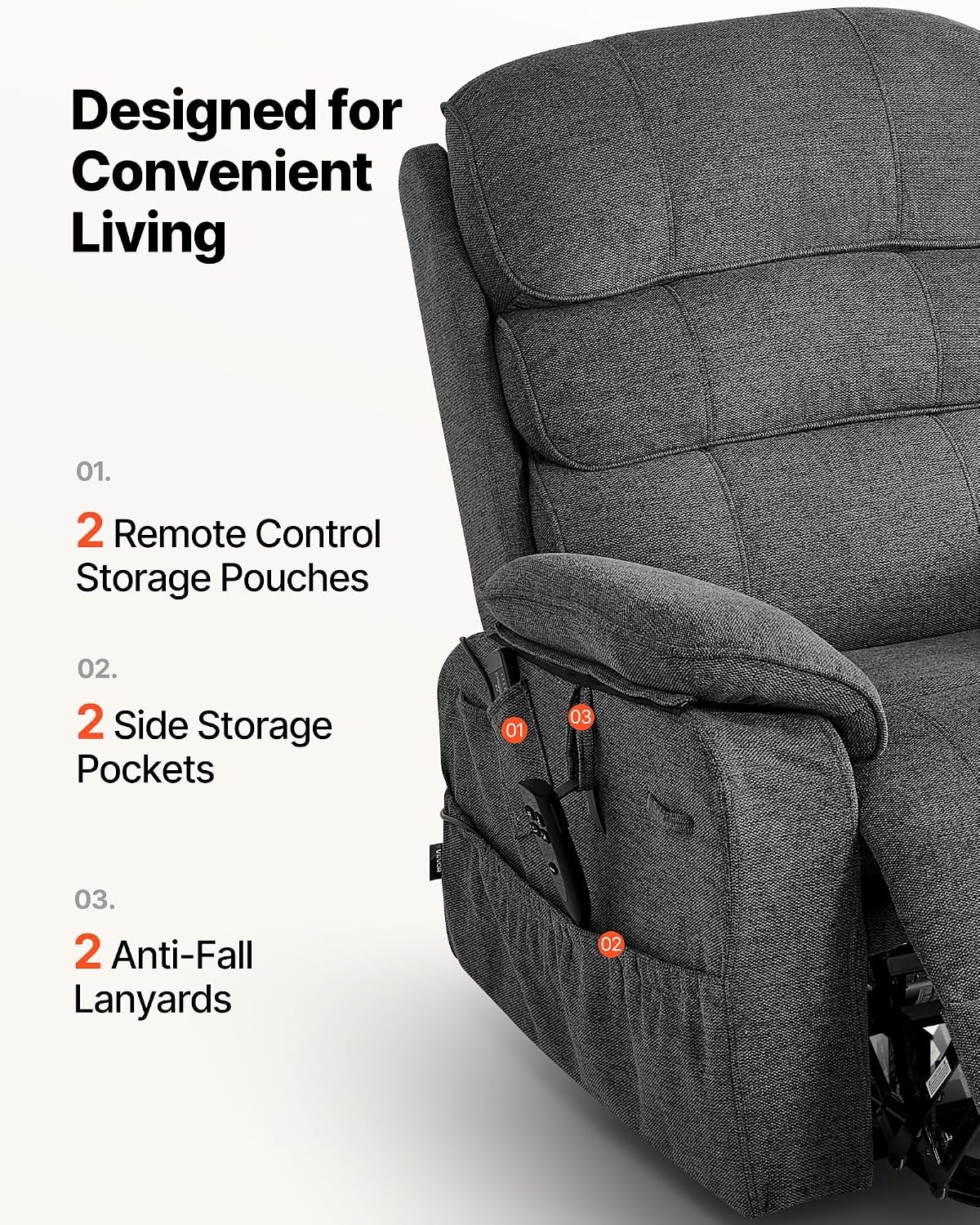 image:imageVEVOR Power Lift Recliner Chair Dual Motor Lift Chair with Heat and Massage for Elderly Position Adjustable Remote Control with Side Pockets Chenille Fabric BrownDark Gray