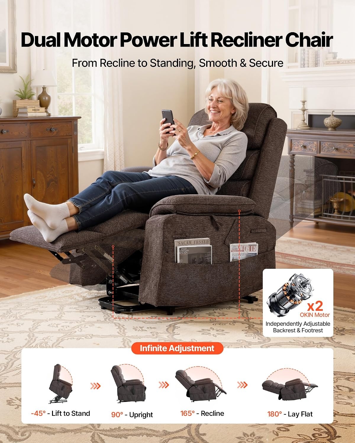 image:imageVEVOR Power Lift Recliner Chair Dual Motor Lift Chair with Heat and Massage for Elderly Position Adjustable Remote Control with Side Pockets Chenille Fabric BrownBrown