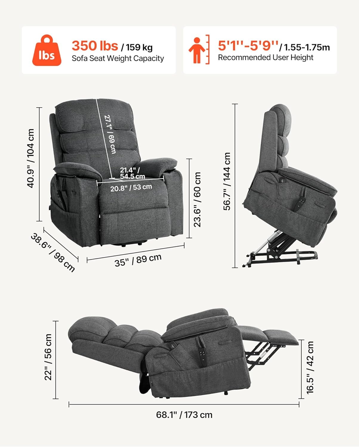 image:imageVEVOR Power Lift Recliner Chair Dual Motor Lift Chair with Heat and Massage for Elderly Position Adjustable Remote Control with Side Pockets Chenille Fabric BrownDark Gray