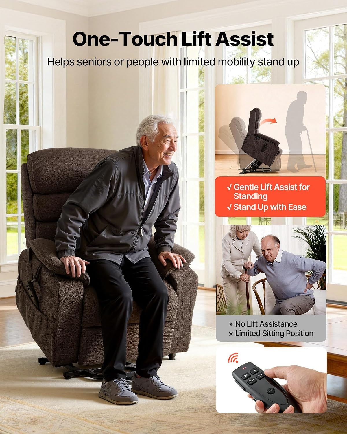 image:imageVEVOR Power Lift Recliner Chair Dual Motor Lift Chair with Heat and Massage for Elderly Position Adjustable Remote Control with Side Pockets Chenille Fabric BrownBrown