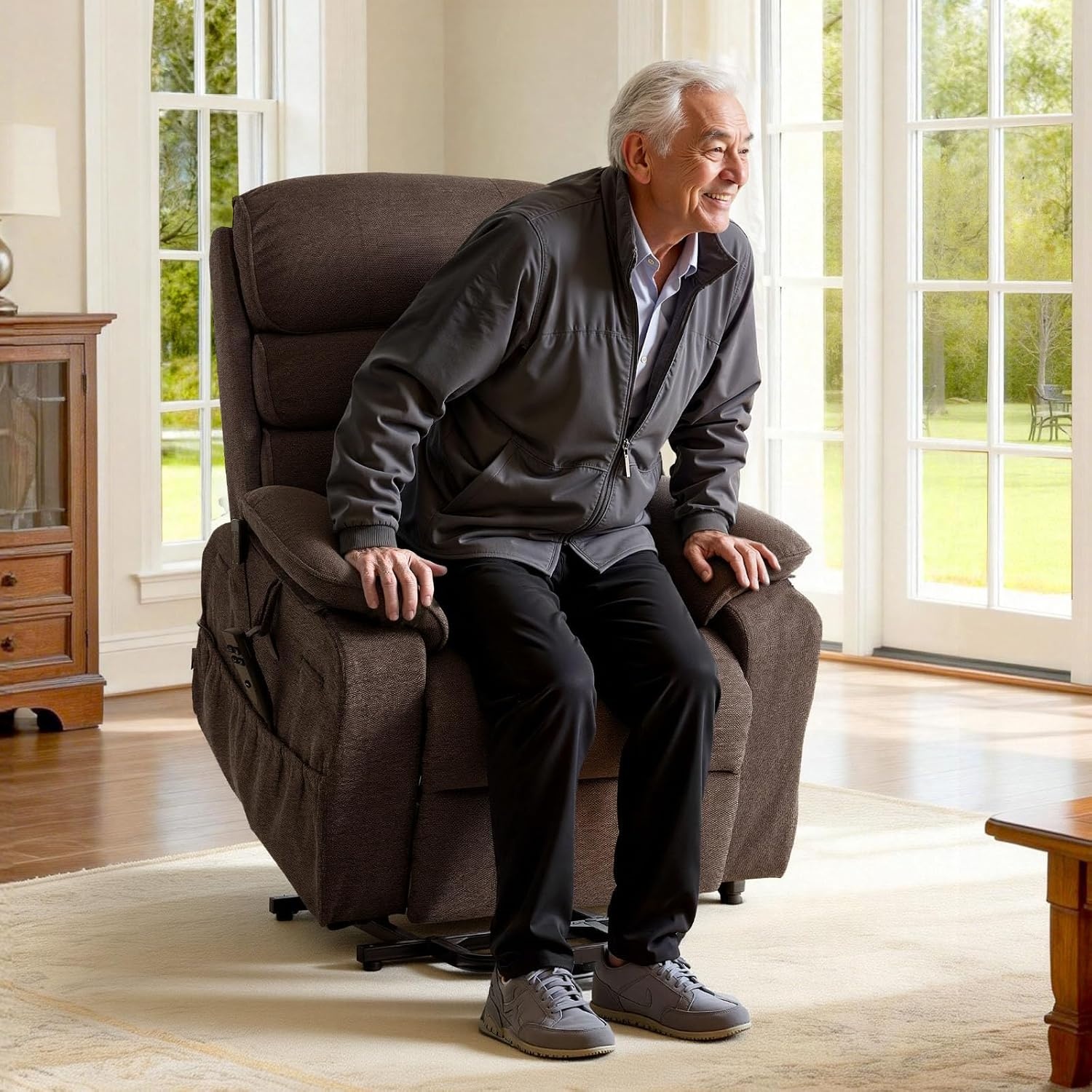 image:imageVEVOR Power Lift Recliner Chair Dual Motor Lift Chair with Heat and Massage for Elderly Position Adjustable Remote Control with Side Pockets Chenille Fabric BrownBrown