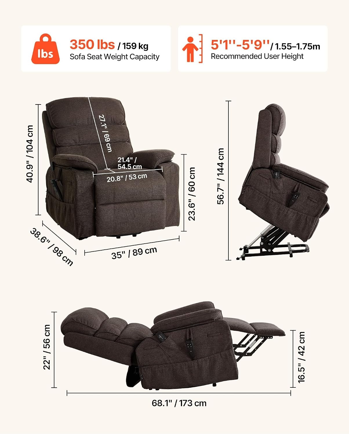 image:imageVEVOR Power Lift Recliner Chair Dual Motor Lift Chair with Heat and Massage for Elderly Position Adjustable Remote Control with Side Pockets Chenille Fabric BrownBrown