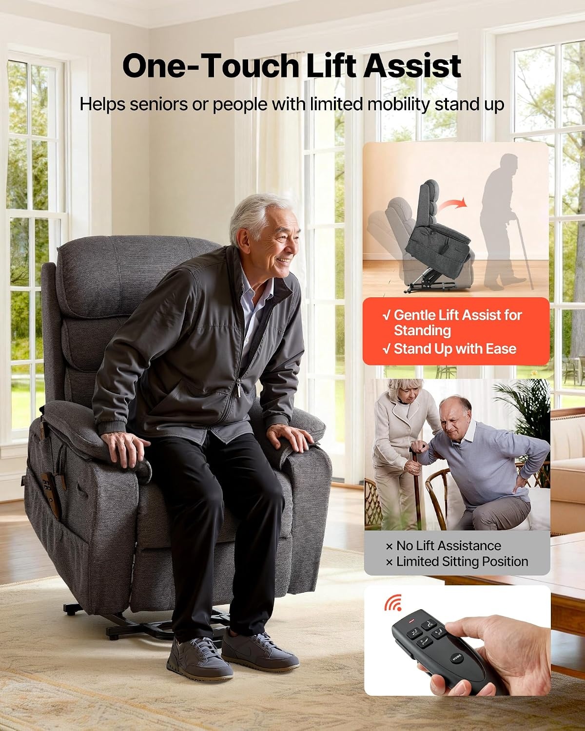 image:imageVEVOR Power Lift Recliner Chair Dual Motor Lift Chair with Heat and Massage for Elderly Position Adjustable Remote Control with Side Pockets Chenille Fabric BrownDark Gray