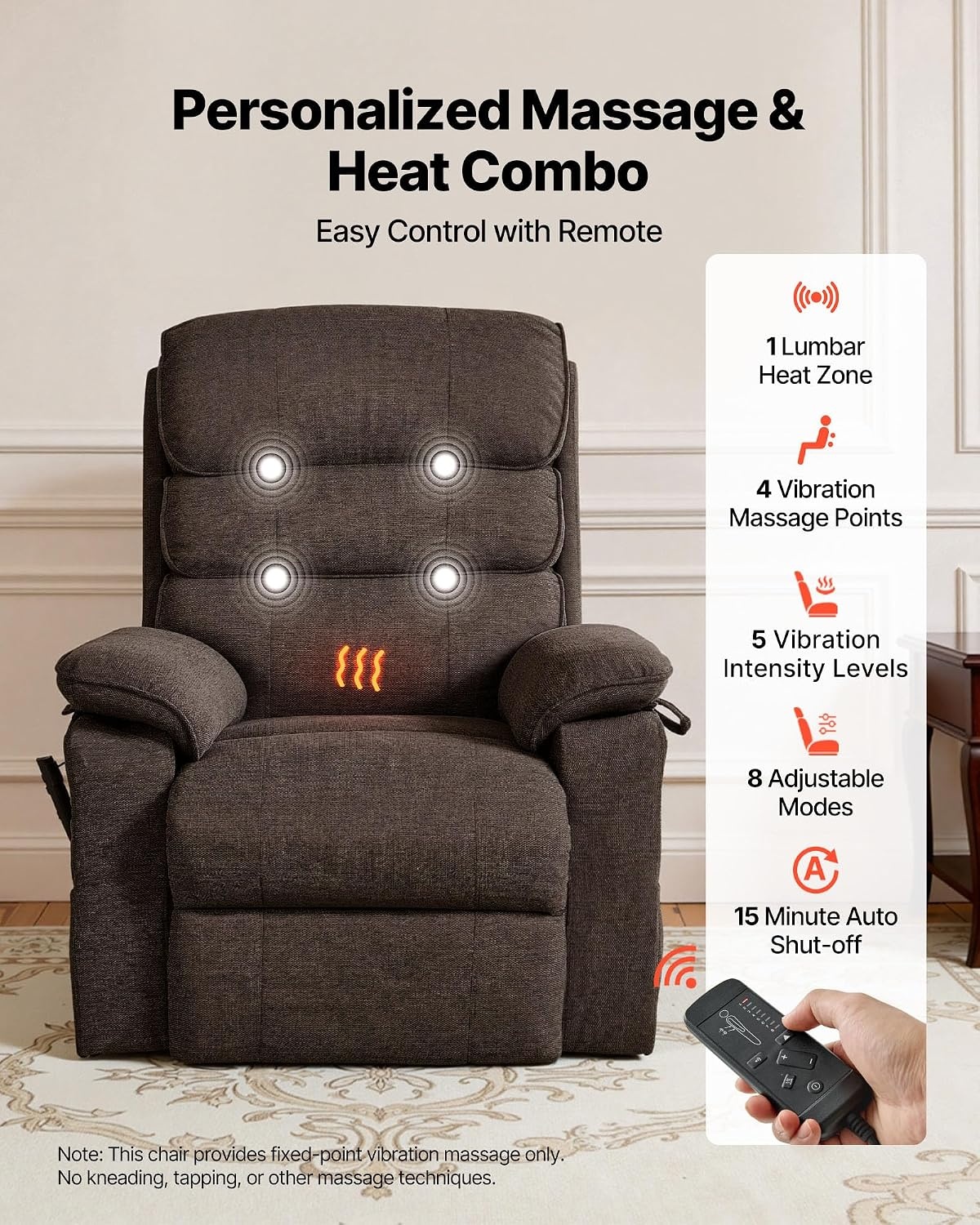 image:imageVEVOR Power Lift Recliner Chair Dual Motor Lift Chair with Heat and Massage for Elderly Position Adjustable Remote Control with Side Pockets Chenille Fabric BrownBrown