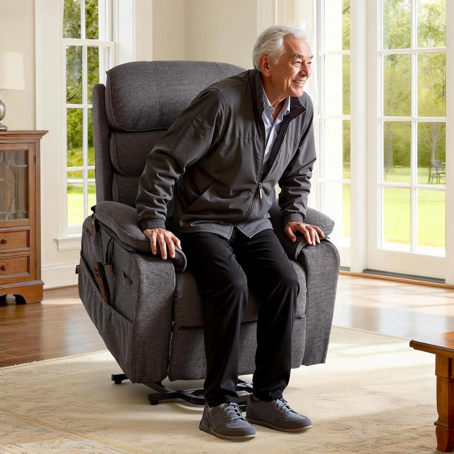 image:imageVEVOR Power Lift Recliner Chair Dual Motor Lift Chair with Heat and Massage for Elderly Position Adjustable Remote Control with Side Pockets Chenille Fabric BrownDark Gray
