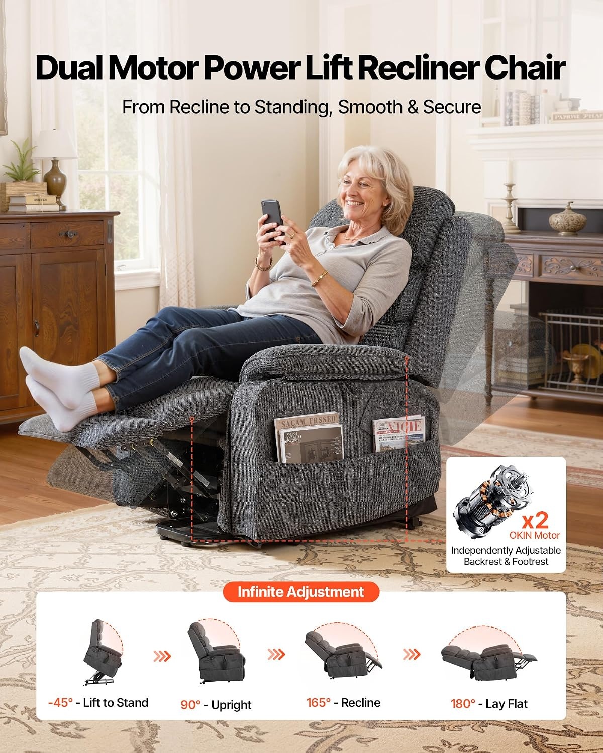 image:imageVEVOR Power Lift Recliner Chair Dual Motor Lift Chair with Heat and Massage for Elderly Position Adjustable Remote Control with Side Pockets Chenille Fabric BrownDark Gray