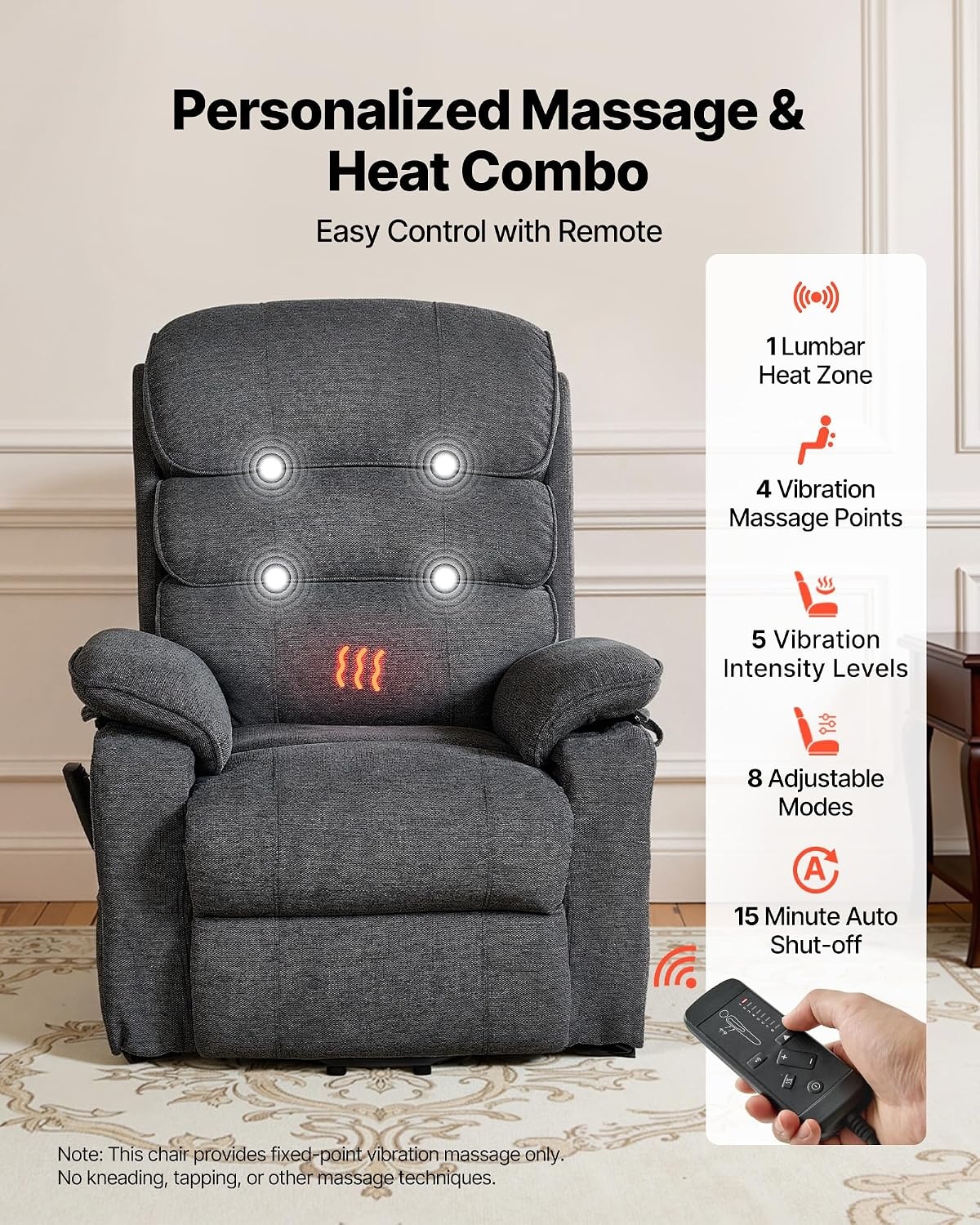 image:imageVEVOR Power Lift Recliner Chair Dual Motor Lift Chair with Heat and Massage for Elderly Position Adjustable Remote Control with Side Pockets Chenille Fabric BrownDark Gray