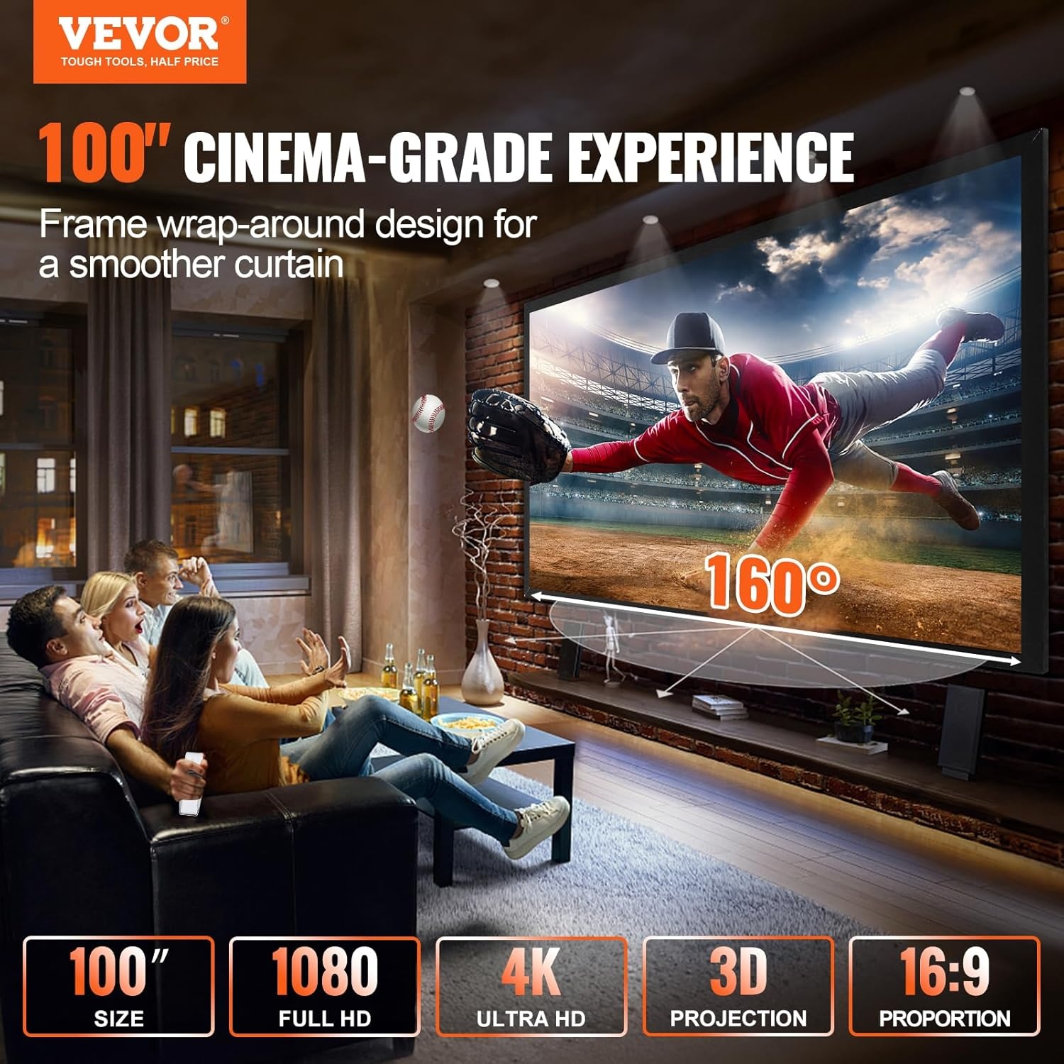 image:imageVEVOR Projector Screen 155inch Outdoor Projector Screen 169 Movie Screen Fixed Frame 3D Projector Screen for 4K HDTV Movie Theater100inch