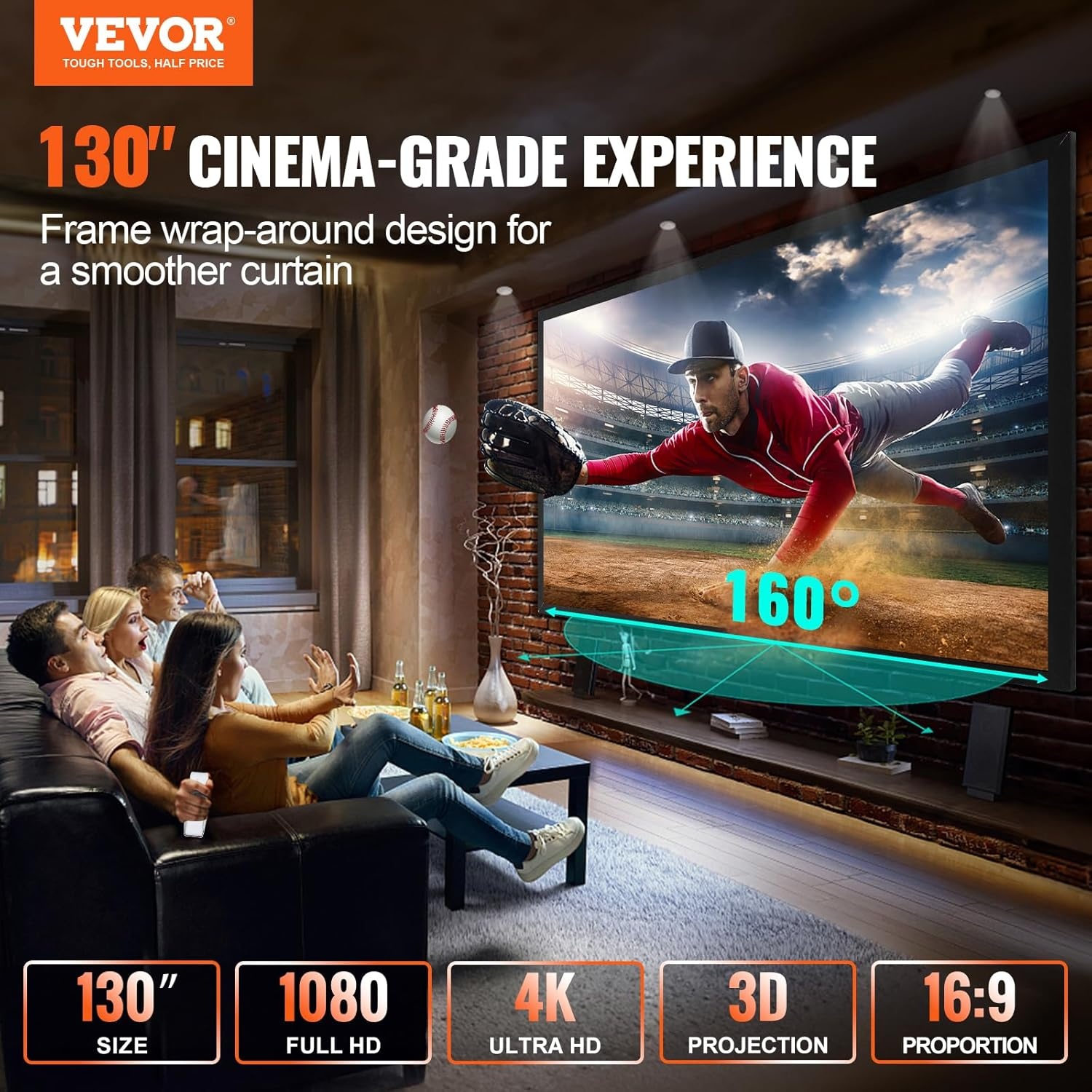 image:imageVEVOR Projector Screen 155inch Outdoor Projector Screen 169 Movie Screen Fixed Frame 3D Projector Screen for 4K HDTV Movie Theater130inch