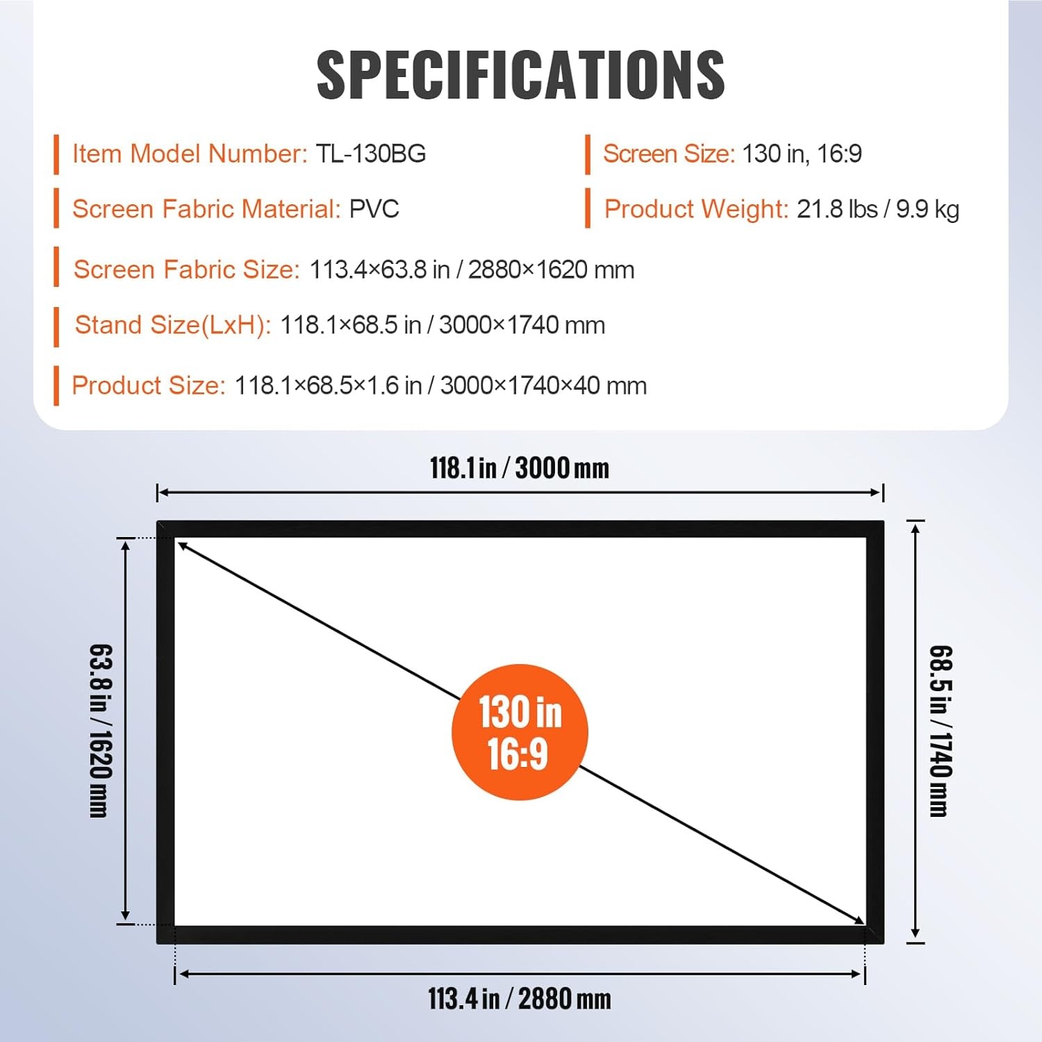 image:imageVEVOR Projector Screen 155inch Outdoor Projector Screen 169 Movie Screen Fixed Frame 3D Projector Screen for 4K HDTV Movie Theater130inch