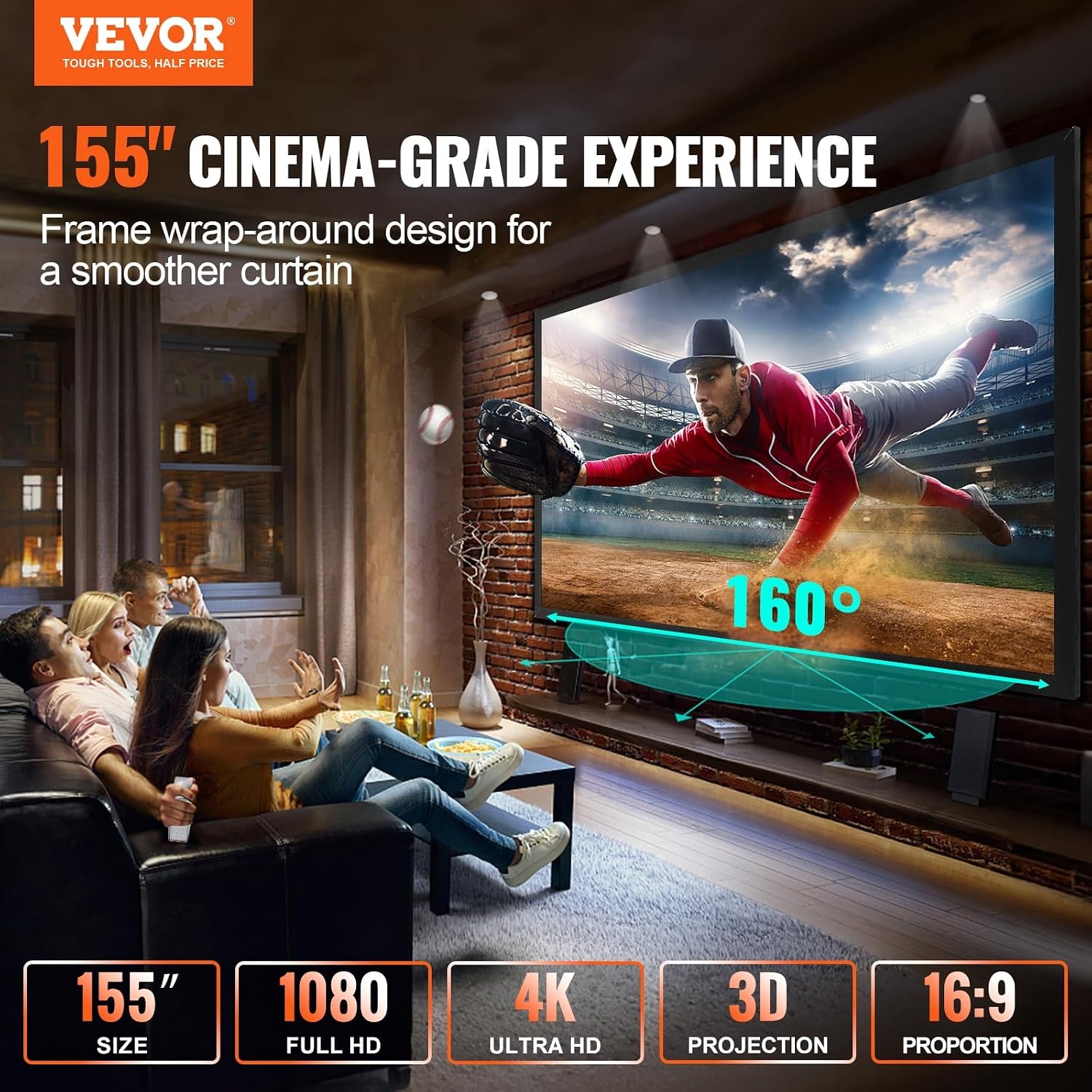 image:imageVEVOR Projector Screen 155inch Outdoor Projector Screen 169 Movie Screen Fixed Frame 3D Projector Screen for 4K HDTV Movie Theater155inch
