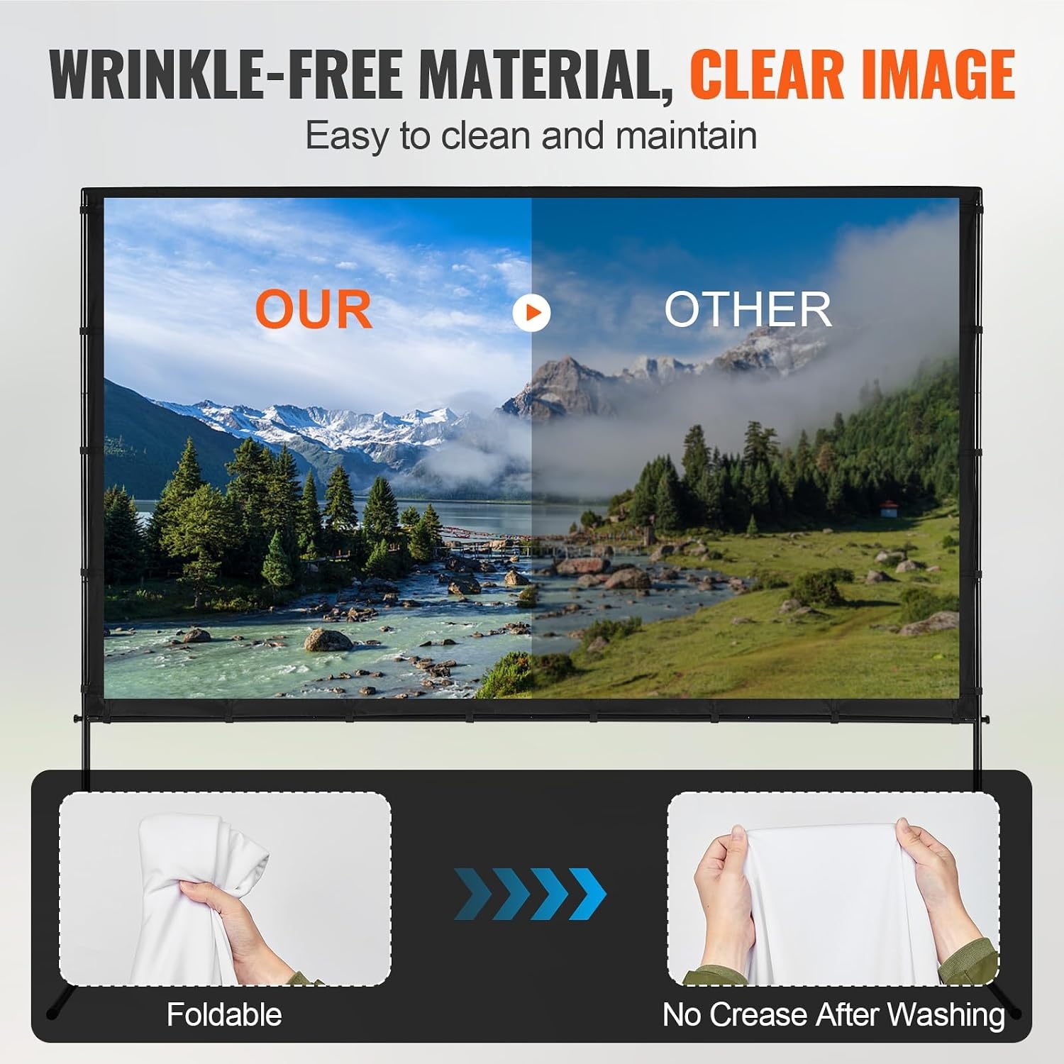 image:imageVEVOR Projector Screen with Stand 120 inch 169 4K 1080 HD Outdoor Movie Screen with Stand WrinkleFree Projection Screen with Bar Feet and Carry Bag for Home Theater Cinema Backyard Movie NightFlatfooted 100