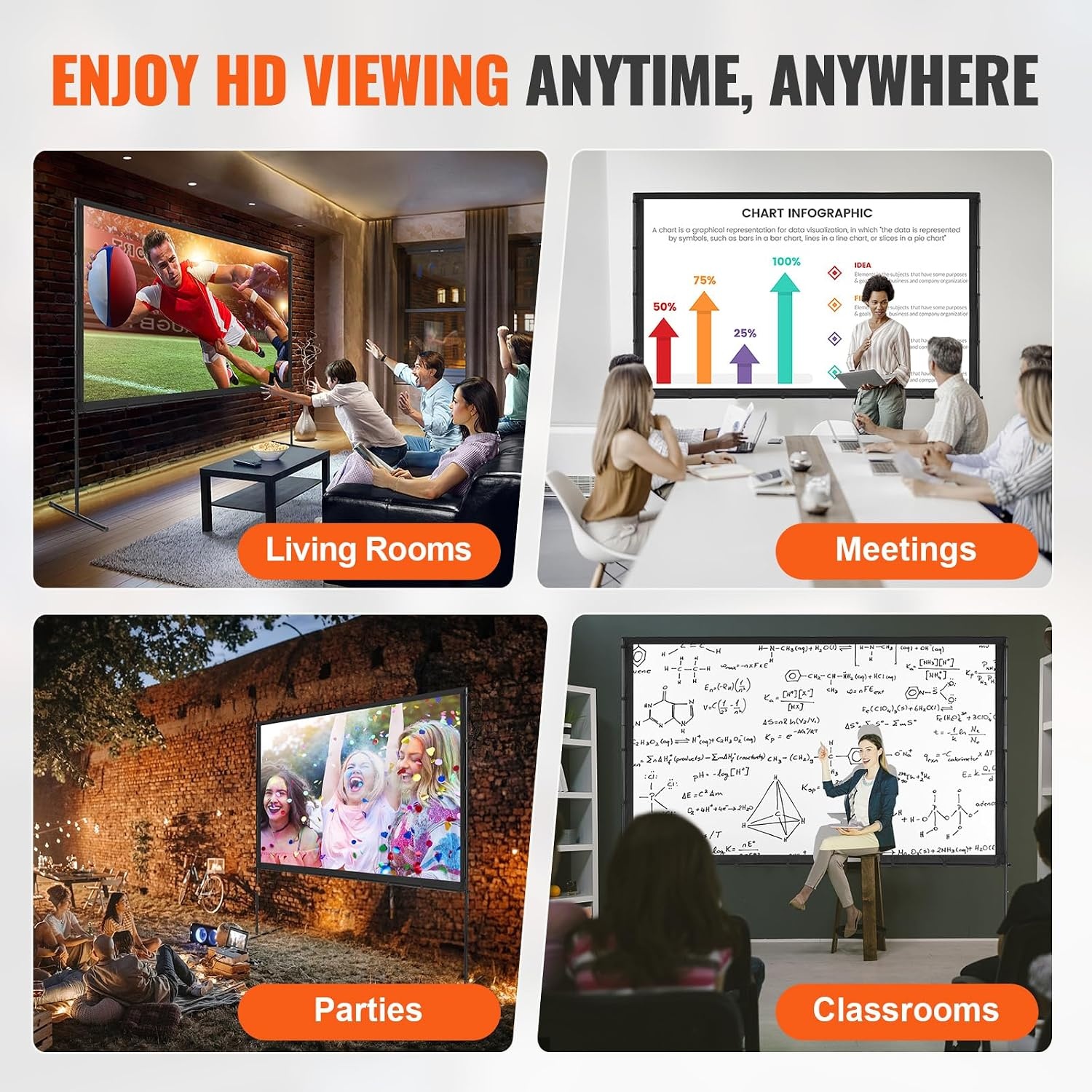 image:imageVEVOR Projector Screen with Stand 120 inch 169 4K 1080 HD Outdoor Movie Screen with Stand WrinkleFree Projection Screen with Bar Feet and Carry Bag for Home Theater Cinema Backyard Movie NightFlatfooted 100