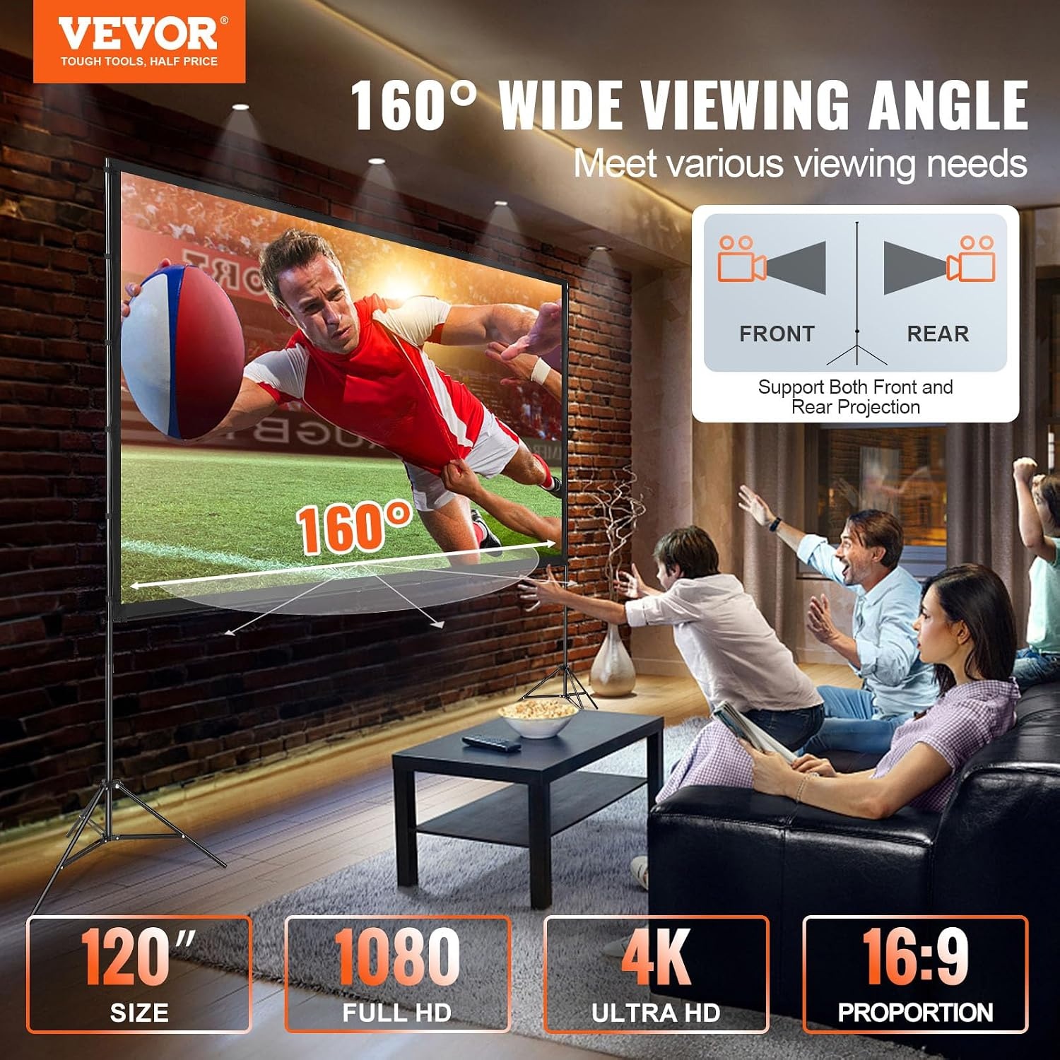 image:imageVEVOR Projector Screen with Stand 120 inch 169 4K 1080 HD Outdoor Movie Screen with Stand WrinkleFree Projection Screen with Bar Feet and Carry Bag for Home Theater Cinema Backyard Movie NightSixfooted 120