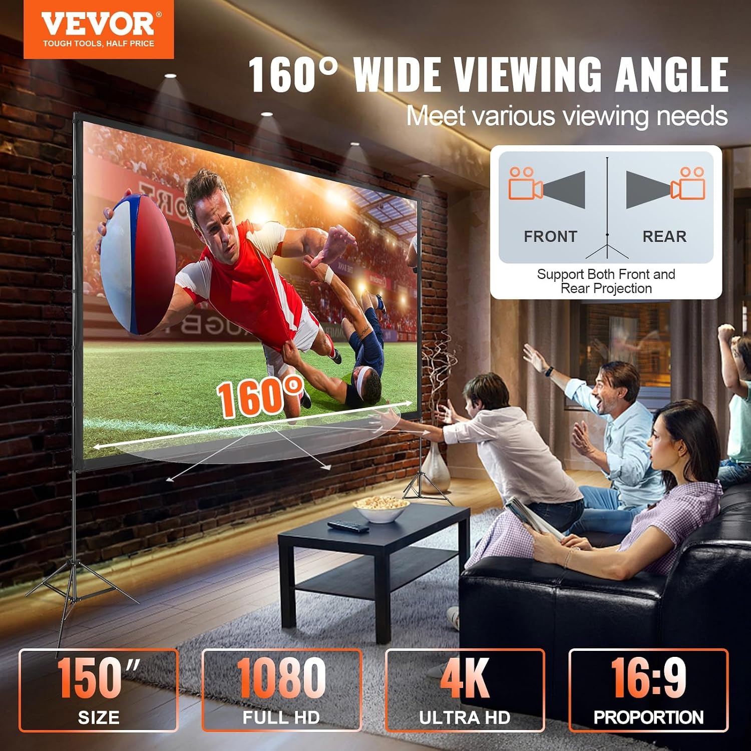 image:imageVEVOR Projector Screen with Stand 120 inch 169 4K 1080 HD Outdoor Movie Screen with Stand WrinkleFree Projection Screen with Bar Feet and Carry Bag for Home Theater Cinema Backyard Movie NightSixfooted 150