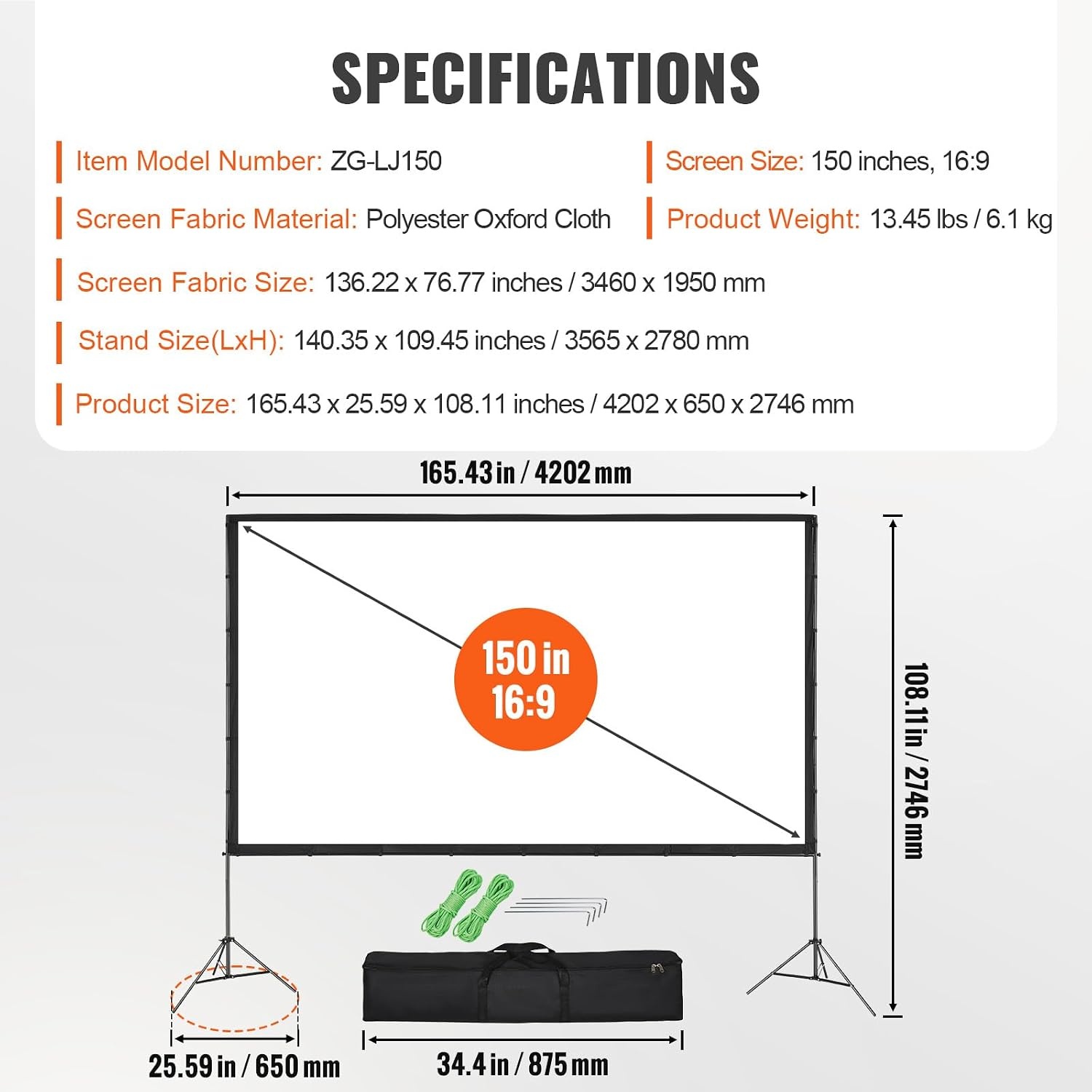 image:imageVEVOR Projector Screen with Stand 120 inch 169 4K 1080 HD Outdoor Movie Screen with Stand WrinkleFree Projection Screen with Bar Feet and Carry Bag for Home Theater Cinema Backyard Movie NightSixfooted 150