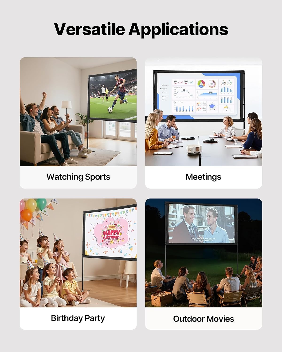 image:imageVEVOR Projector Screen with Stand 120 inch 169 4K 1080 HD Outdoor Movie Screen with Stand WrinkleFree Projection Screen with Bar Feet and Carry Bag for Home Theater Cinema Backyard Movie NightFlatfooted 80