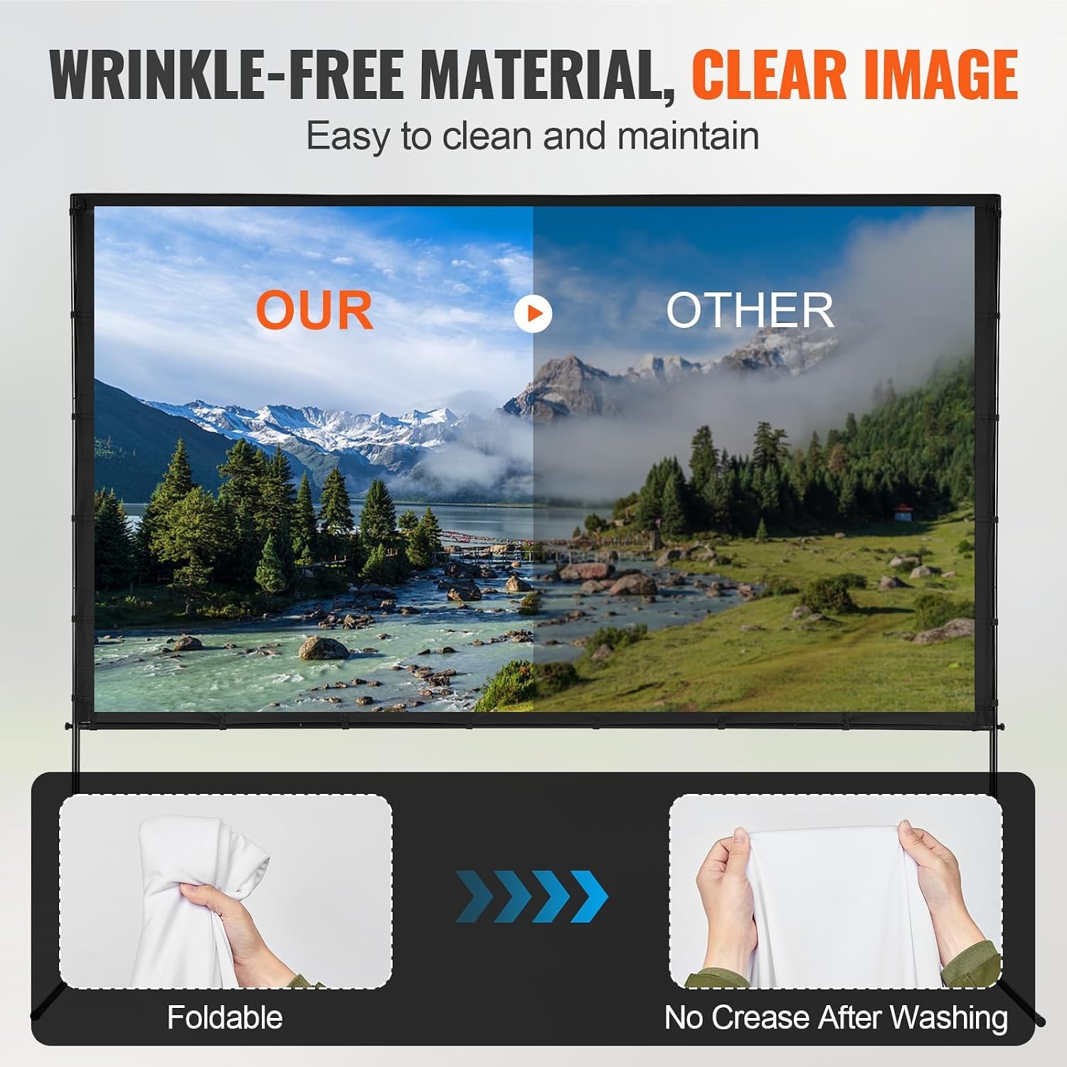 image:imageVEVOR Projector Screen with Stand 120 inch 169 4K 1080 HD Outdoor Movie Screen with Stand WrinkleFree Projection Screen with Bar Feet and Carry Bag for Home Theater Cinema Backyard Movie NightFlatfooted 120