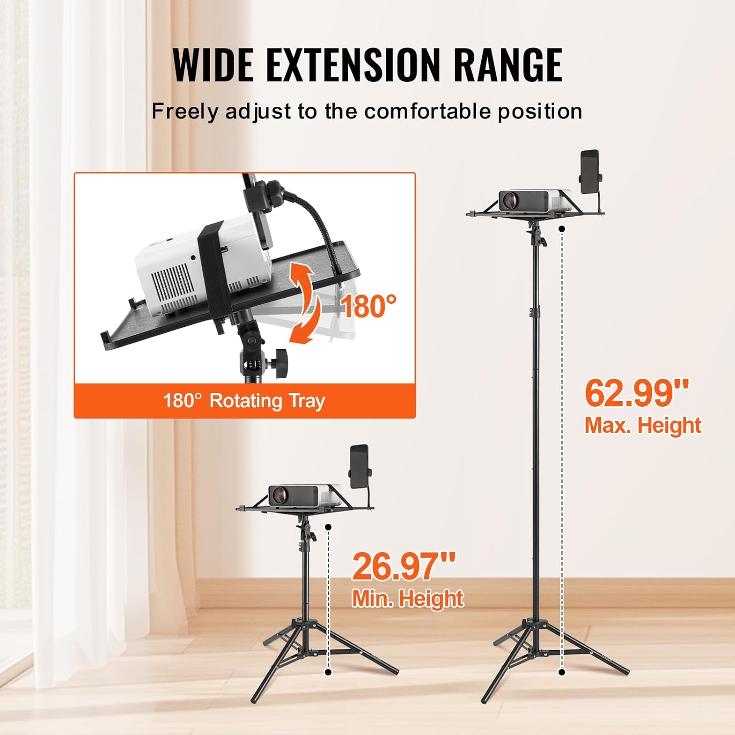 image:imageVEVOR Projector Stand with Wheels Laptop Stand Tripod Adjustable Height from 313 to 673 Projector Tripod Stand with 2 Trays amp Gooseneck Phone Holder for Outdoor Movies Home Office or StudioTripod without Wheels