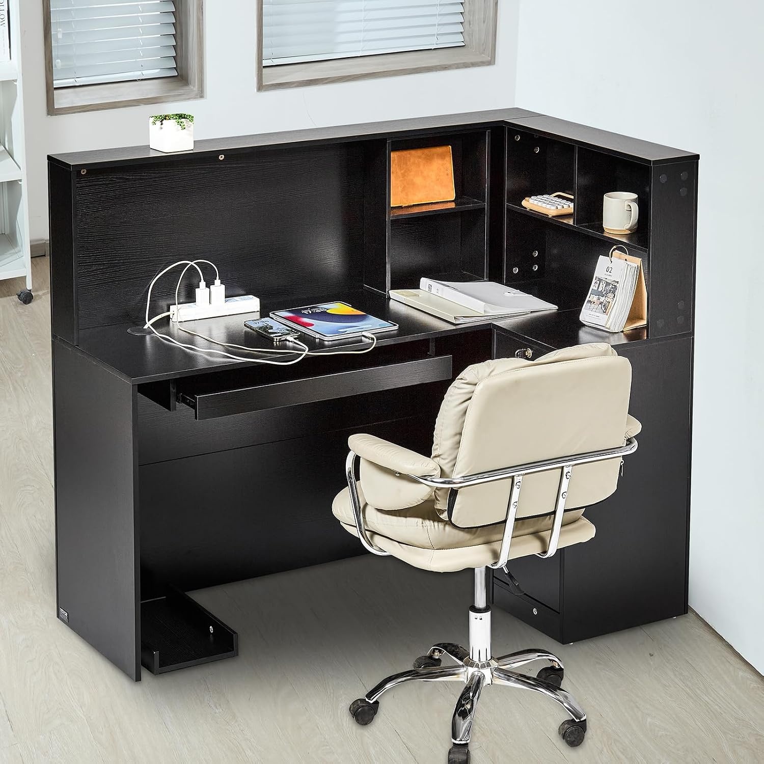 image:imageVEVOR Reception Desk 55Inch LShaped Front Counter Table Office Reception Counter with Drawer Keyboard Tray and Storage Cabinet for Checkout Lobby Beauty Salon amp Office Black