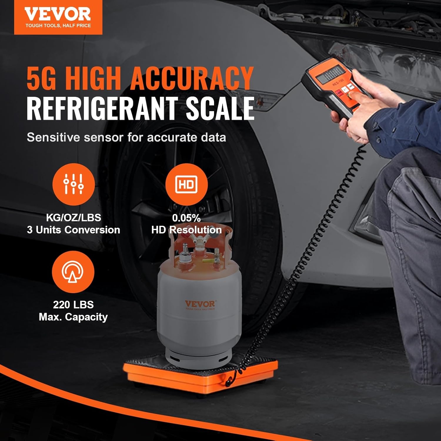 image:imageVEVOR Refrigerant Scale 110 LBS HAVC Charging Recovery Freon Scale with Wired Remote Control 2g High Precision Electronic Digital Recovery Weight Scale with Case and Dry Battery220 LBS