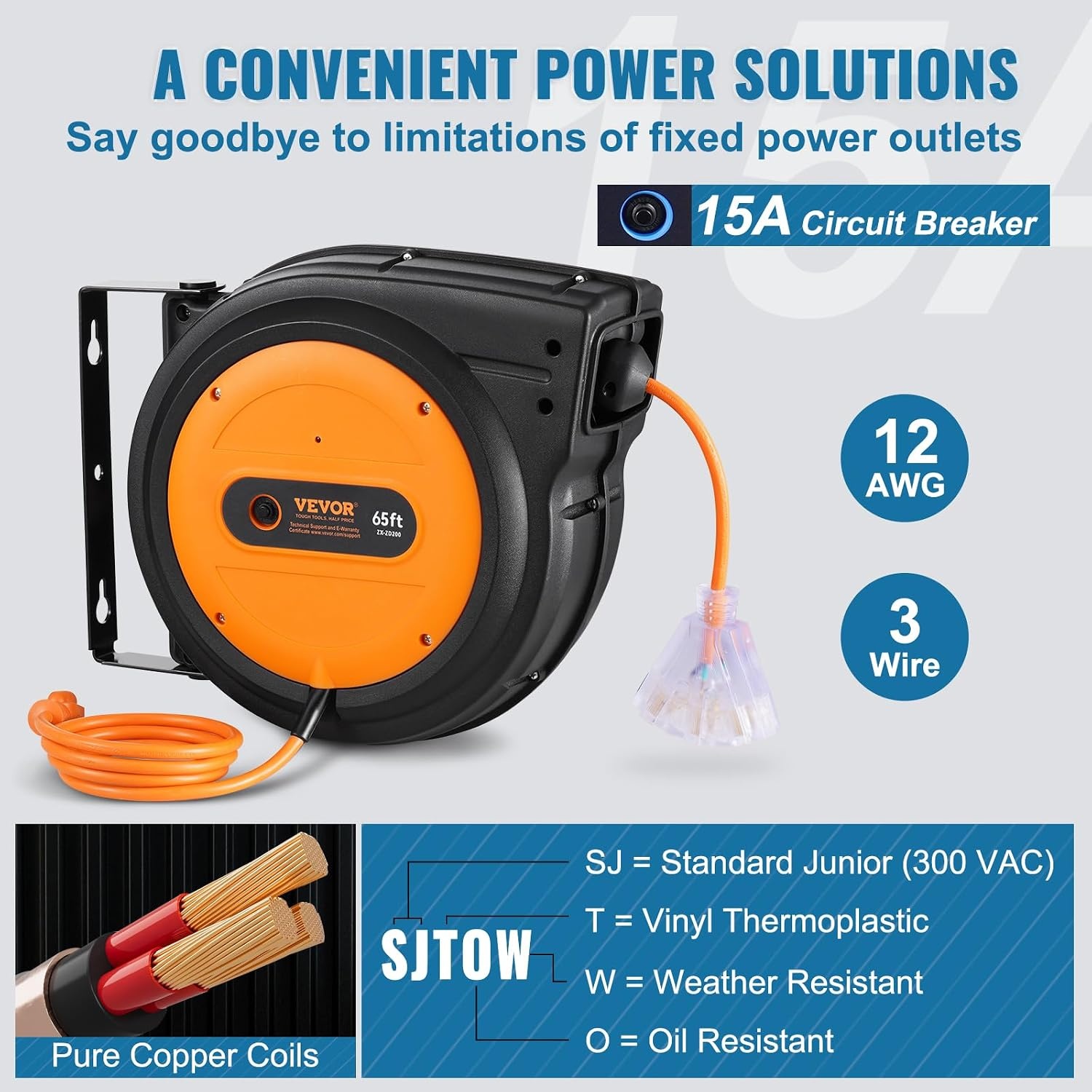 image:imageVEVOR Retractable Extension Cord Reel 45 FT Heavy Duty 12AWG3C SJTOW Extension Power Cord with Lighted Triple Tap Outlet 15A Circuit Breaker 180 Swivel Bracket for Ceiling or Wall Mount RedOrange