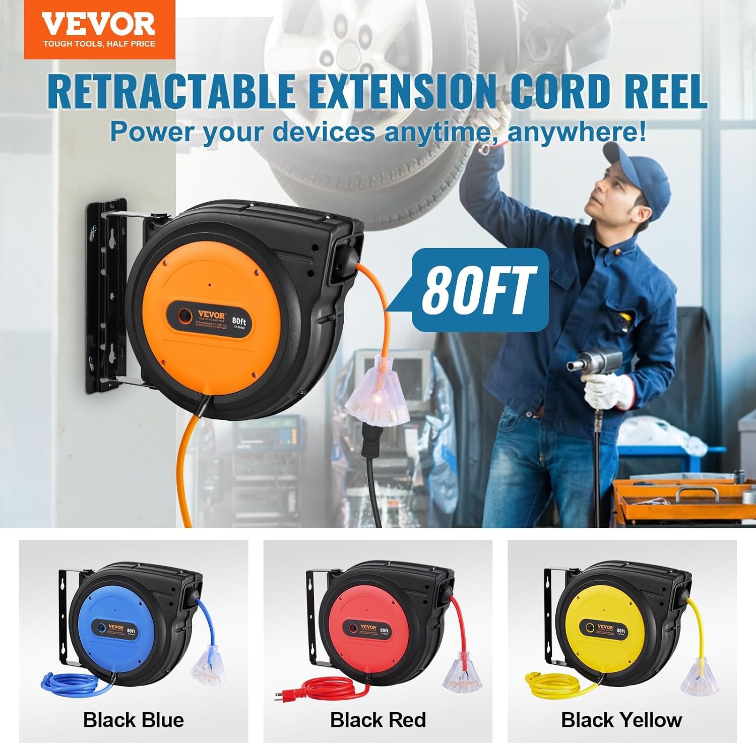image:imageVEVOR Retractable Extension Cord Reel 45 FT Heavy Duty 12AWG3C SJTOW Extension Power Cord with Lighted Triple Tap Outlet 15A Circuit Breaker 180 Swivel Bracket for Ceiling or Wall Mount RedOrange