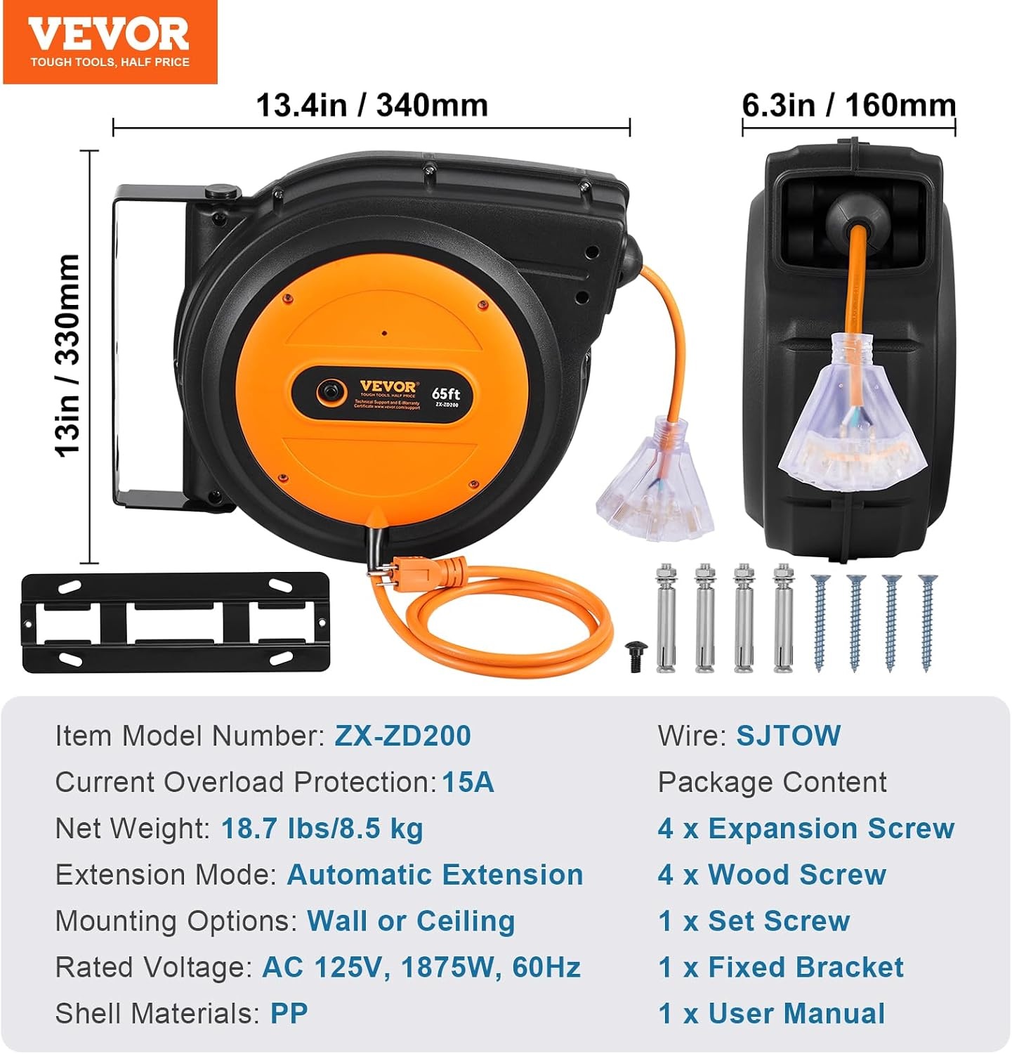 image:imageVEVOR Retractable Extension Cord Reel 45 FT Heavy Duty 12AWG3C SJTOW Extension Power Cord with Lighted Triple Tap Outlet 15A Circuit Breaker 180 Swivel Bracket for Ceiling or Wall Mount RedOrange