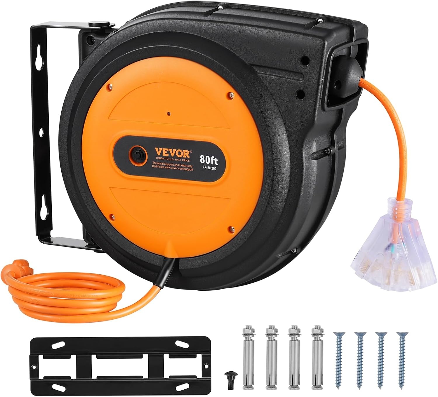 image:imageVEVOR Retractable Extension Cord Reel 45 FT Heavy Duty 12AWG3C SJTOW Extension Power Cord with Lighted Triple Tap Outlet 15A Circuit Breaker 180 Swivel Bracket for Ceiling or Wall Mount RedOrange