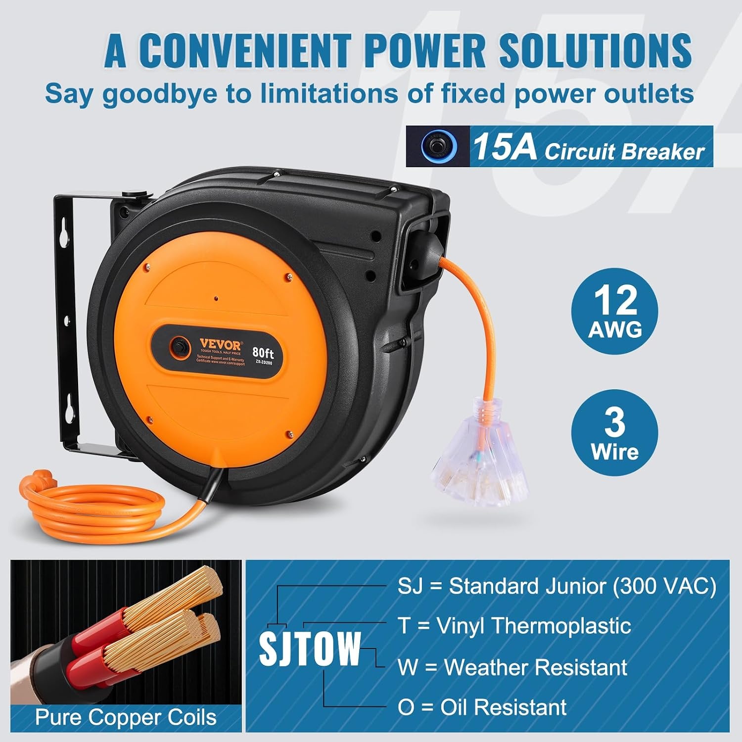 image:imageVEVOR Retractable Extension Cord Reel 45 FT Heavy Duty 12AWG3C SJTOW Extension Power Cord with Lighted Triple Tap Outlet 15A Circuit Breaker 180 Swivel Bracket for Ceiling or Wall Mount RedOrange