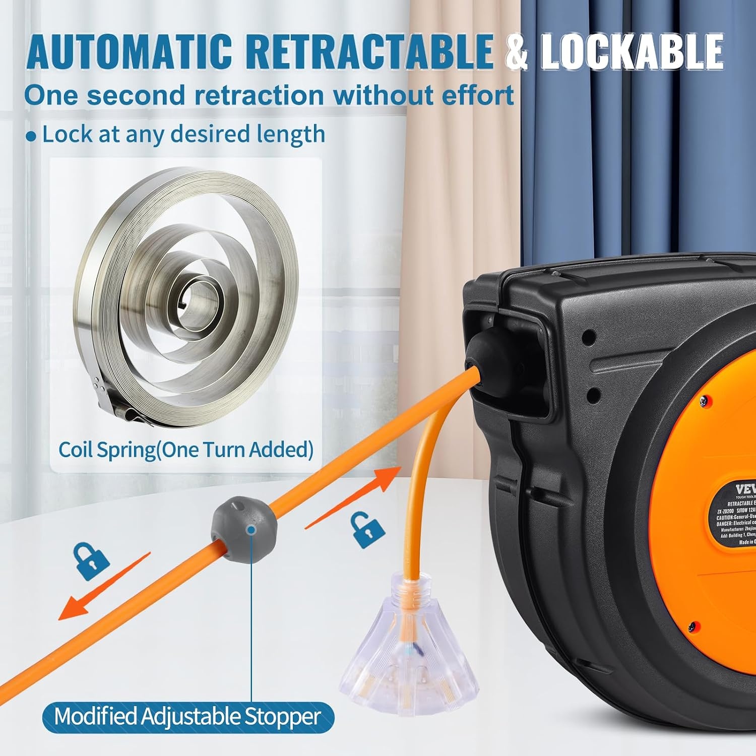 image:imageVEVOR Retractable Extension Cord Reel 45 FT Heavy Duty 12AWG3C SJTOW Extension Power Cord with Lighted Triple Tap Outlet 15A Circuit Breaker 180 Swivel Bracket for Ceiling or Wall Mount RedOrange