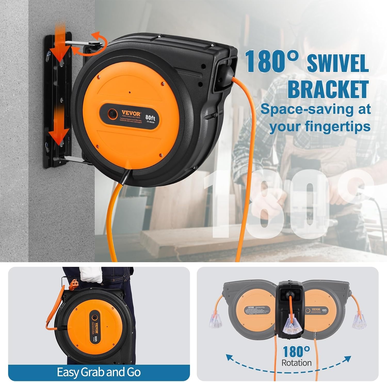 image:imageVEVOR Retractable Extension Cord Reel 45 FT Heavy Duty 12AWG3C SJTOW Extension Power Cord with Lighted Triple Tap Outlet 15A Circuit Breaker 180 Swivel Bracket for Ceiling or Wall Mount RedOrange
