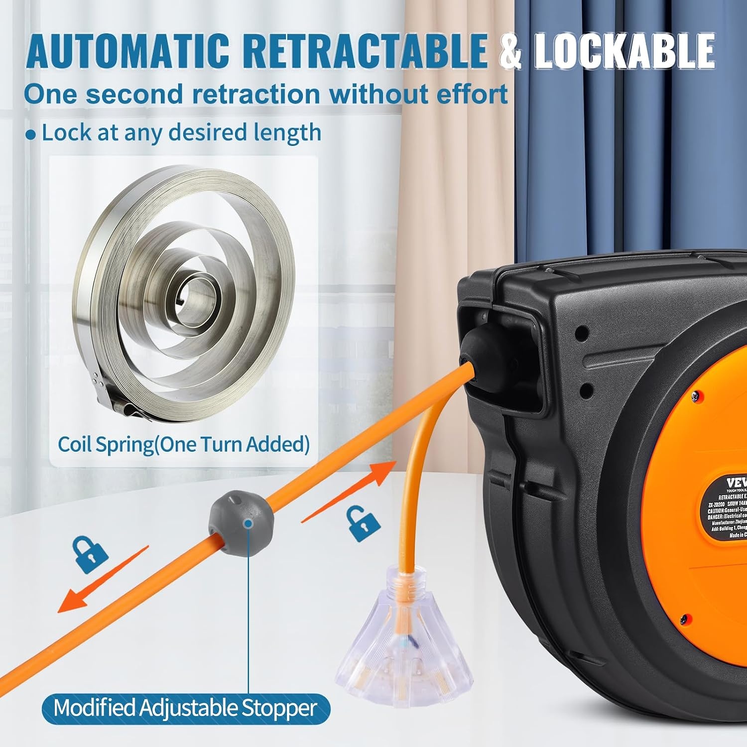 image:imageVEVOR Retractable Extension Cord Reel 45 FT Heavy Duty 12AWG3C SJTOW Extension Power Cord with Lighted Triple Tap Outlet 15A Circuit Breaker 180 Swivel Bracket for Ceiling or Wall Mount RedOrange