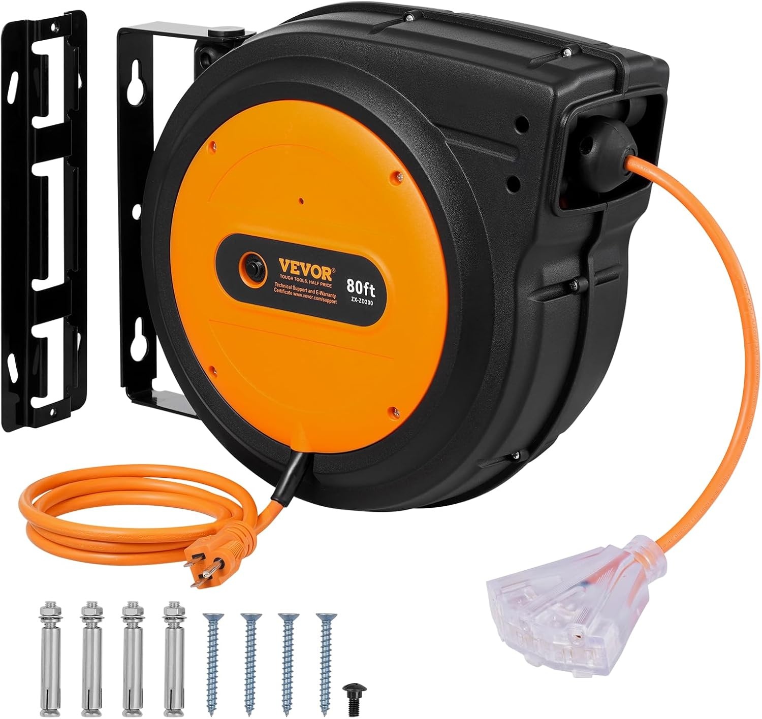 image:imageVEVOR Retractable Extension Cord Reel 45 FT Heavy Duty 12AWG3C SJTOW Extension Power Cord with Lighted Triple Tap Outlet 15A Circuit Breaker 180 Swivel Bracket for Ceiling or Wall Mount RedOrange