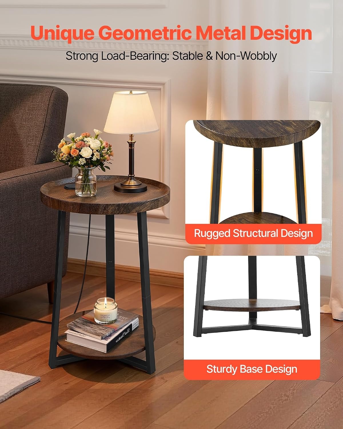 image:imageVEVOR Round Side Table with Charging Station 157 Metal Round End Table with Storage Shelves 49ft Power Cord Modern Nightstand for Bedroom Living Room Office BrownRound