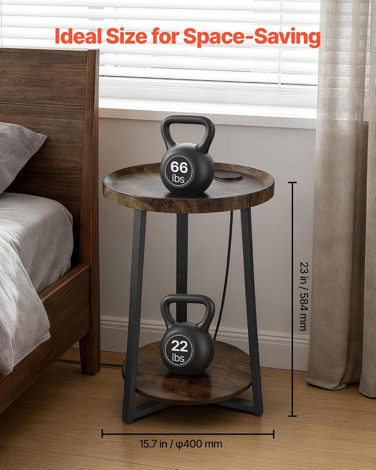 image:imageVEVOR Round Side Table with Charging Station 157 Metal Round End Table with Storage Shelves 49ft Power Cord Modern Nightstand for Bedroom Living Room Office BrownRound